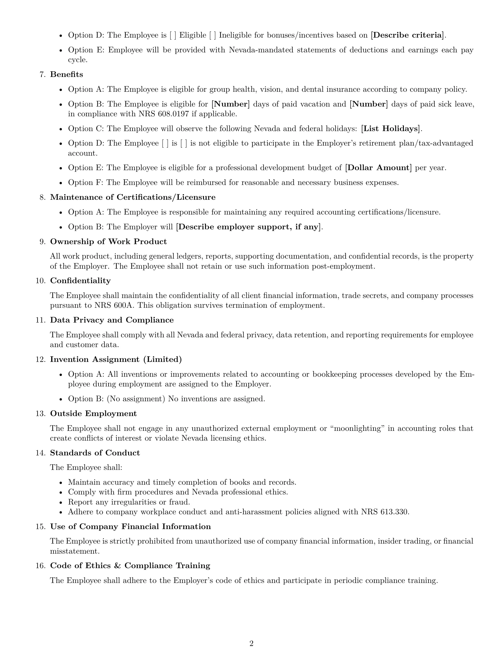 Preview page 2 of Free Nevada bookkeeper employment contract template