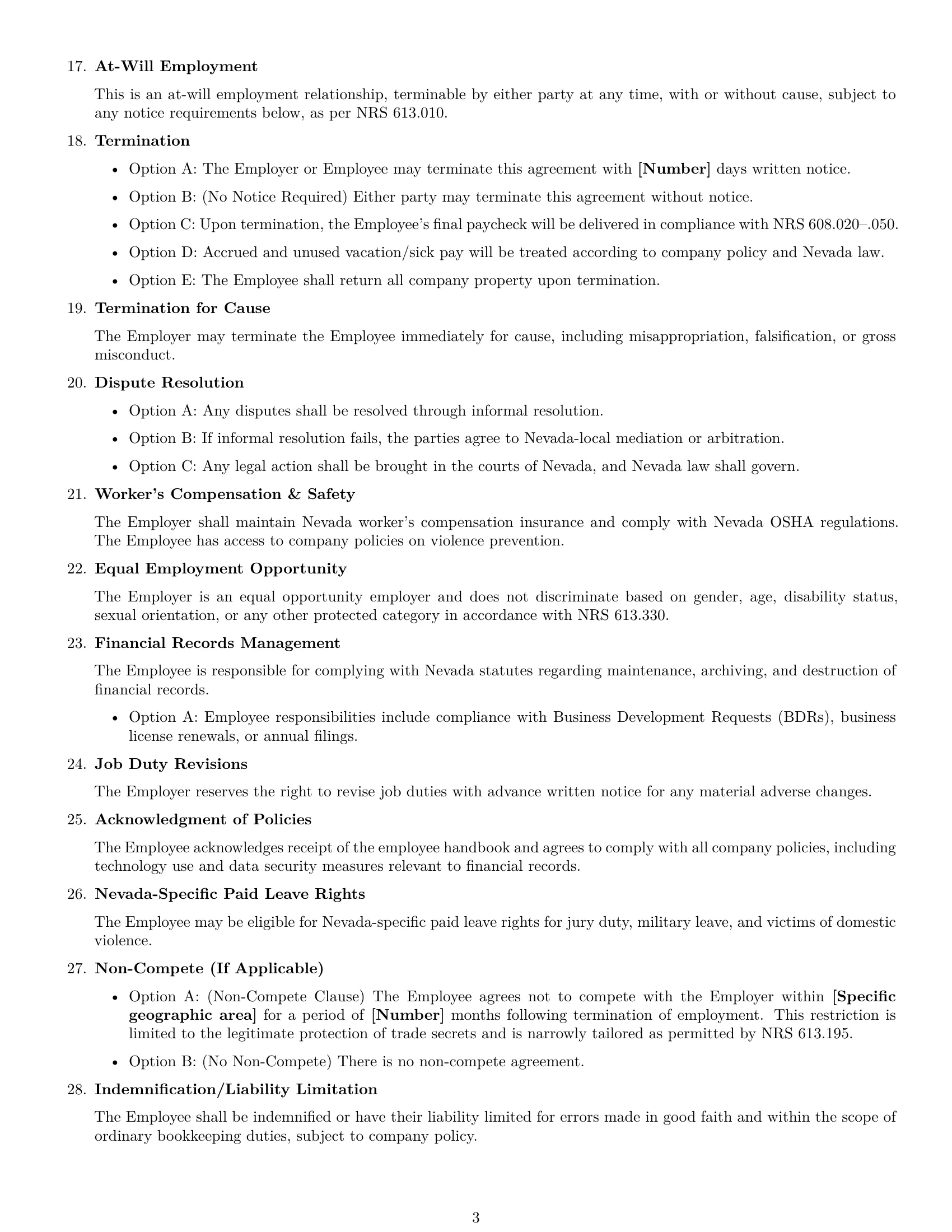 Preview page 3 of Free Nevada bookkeeper employment contract template