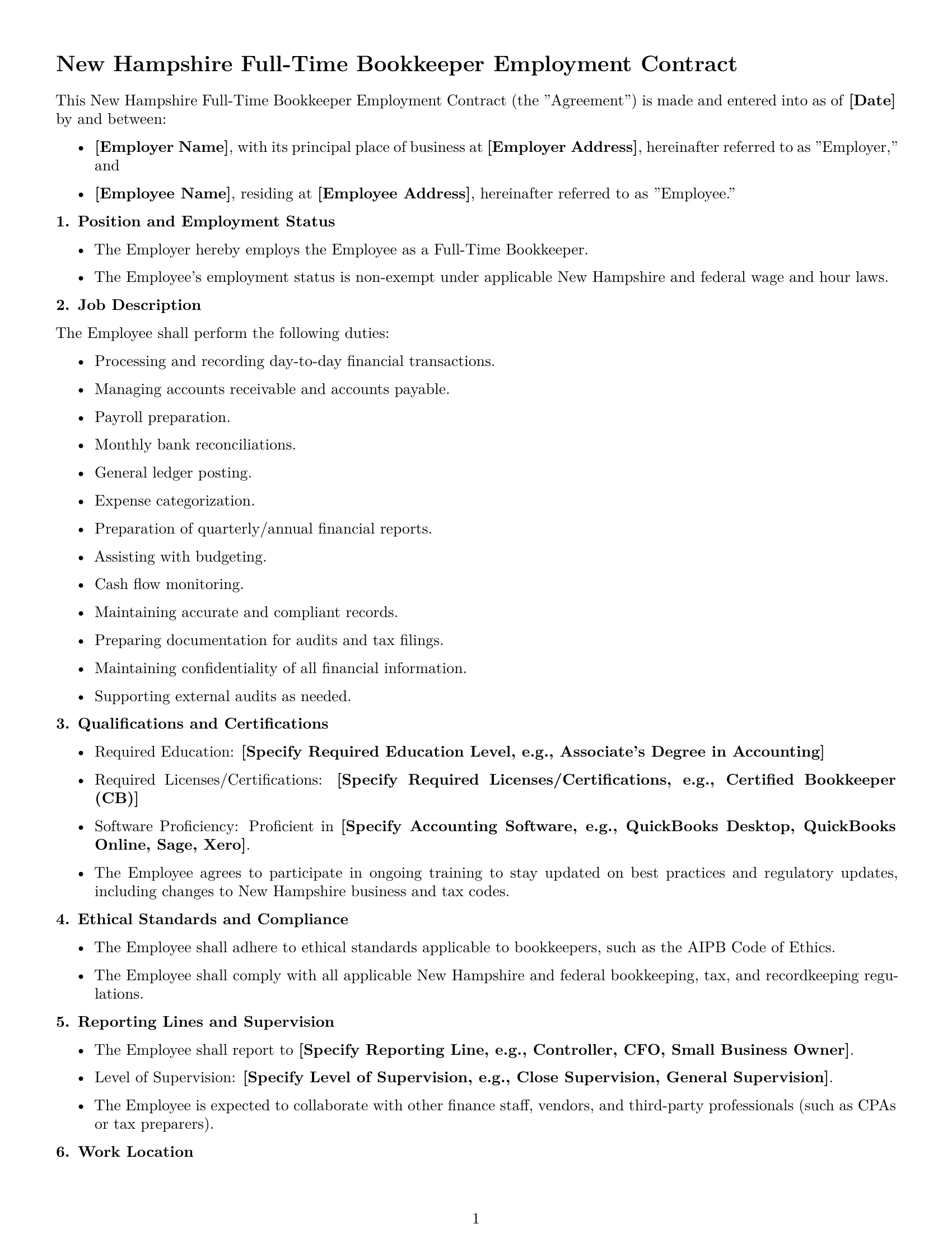 Preview page 1 of Free New Hampshire bookkeeper employment contract template