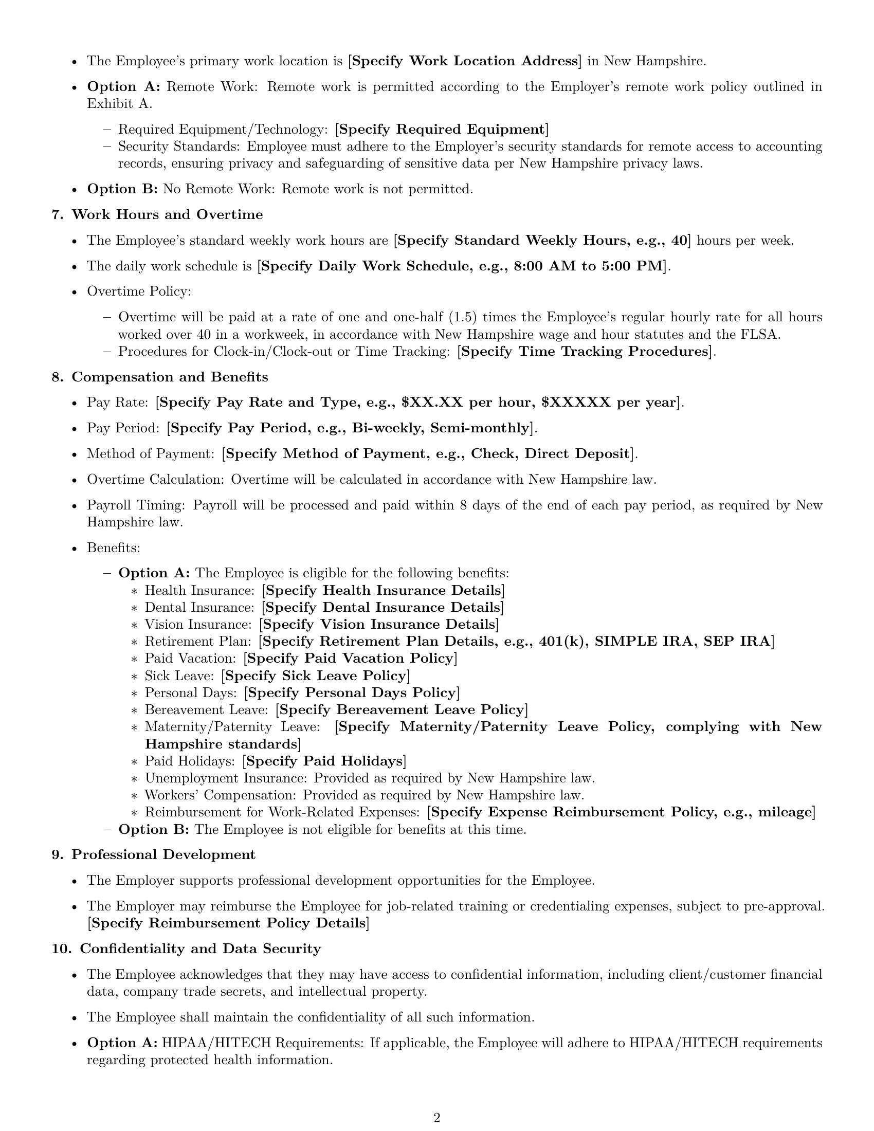 Preview page 2 of Free New Hampshire bookkeeper employment contract template