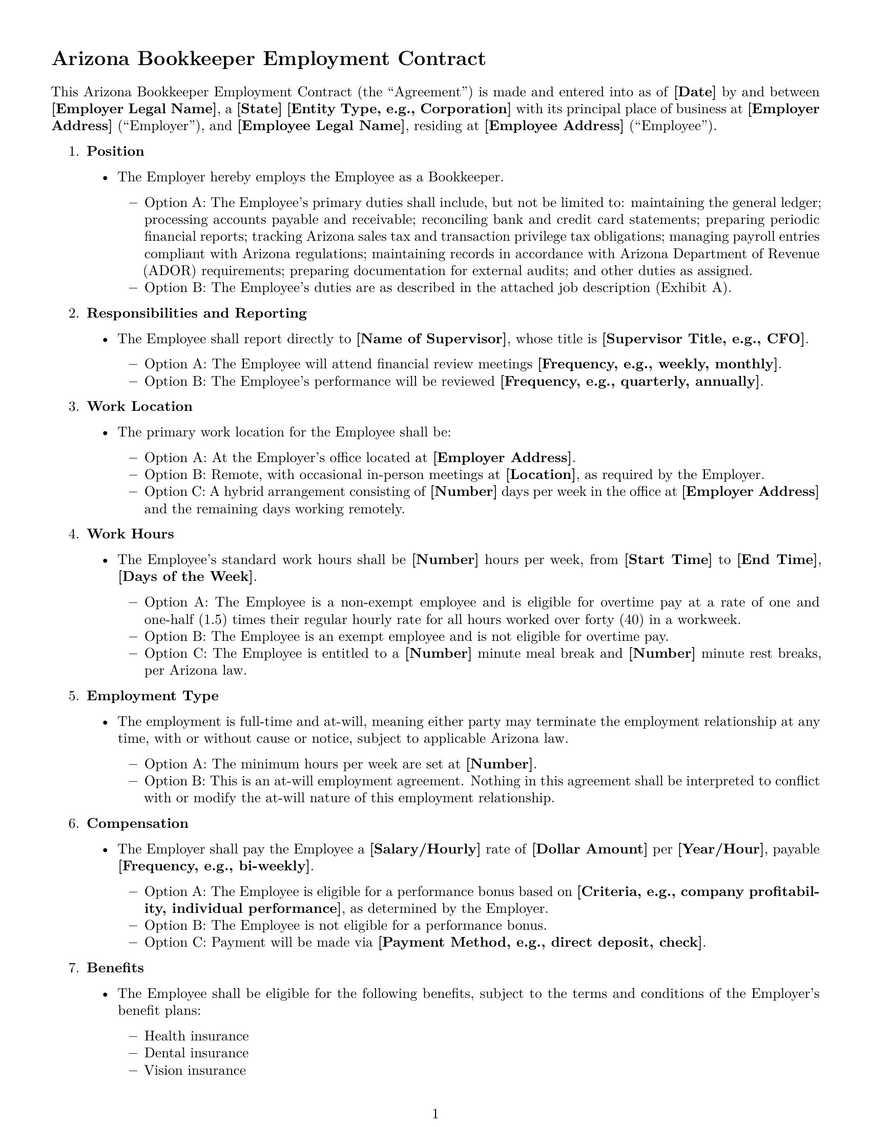 Preview page 1 of Free Arizona bookkeeper employment contract template