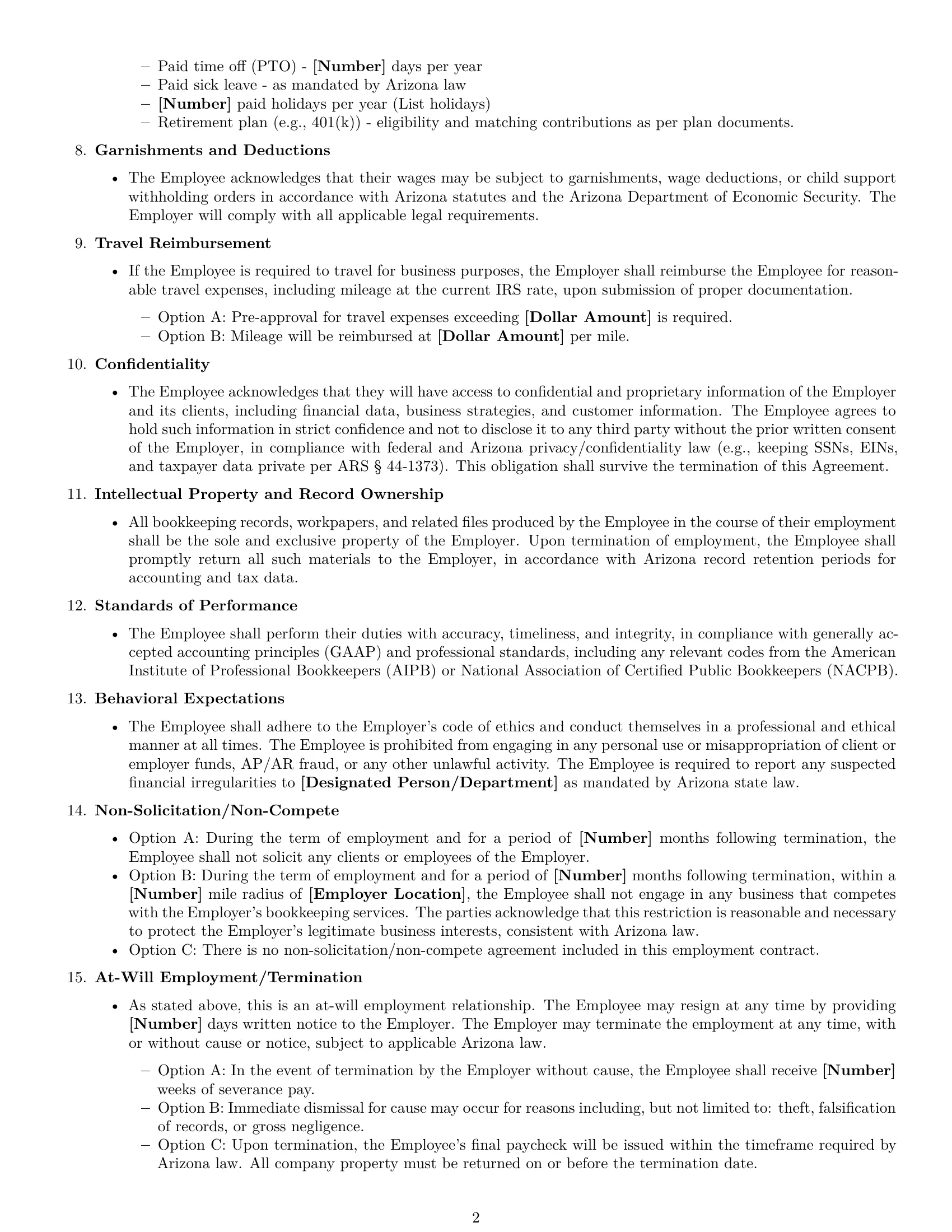 Preview page 2 of Free Arizona bookkeeper employment contract template