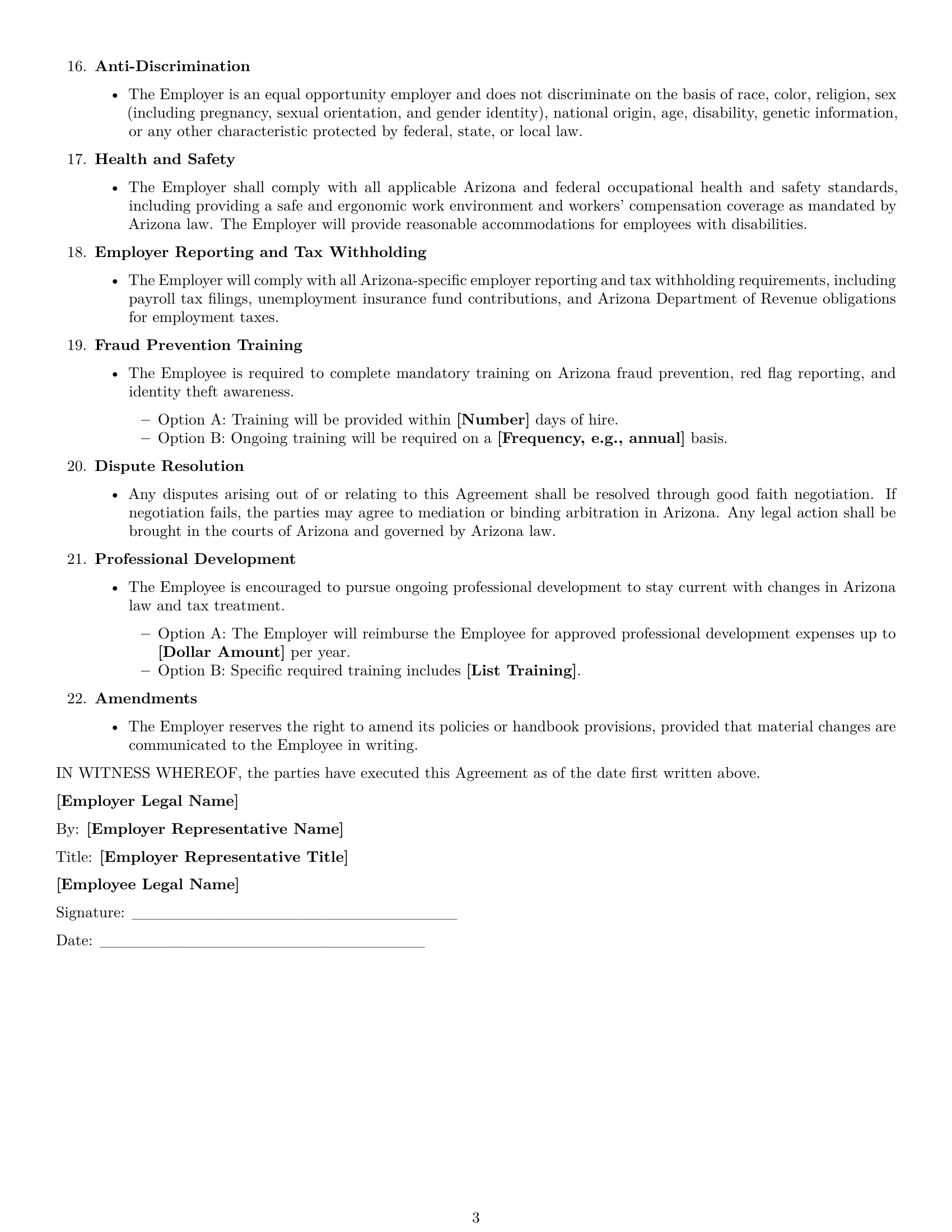 Preview page 3 of Free Arizona bookkeeper employment contract template