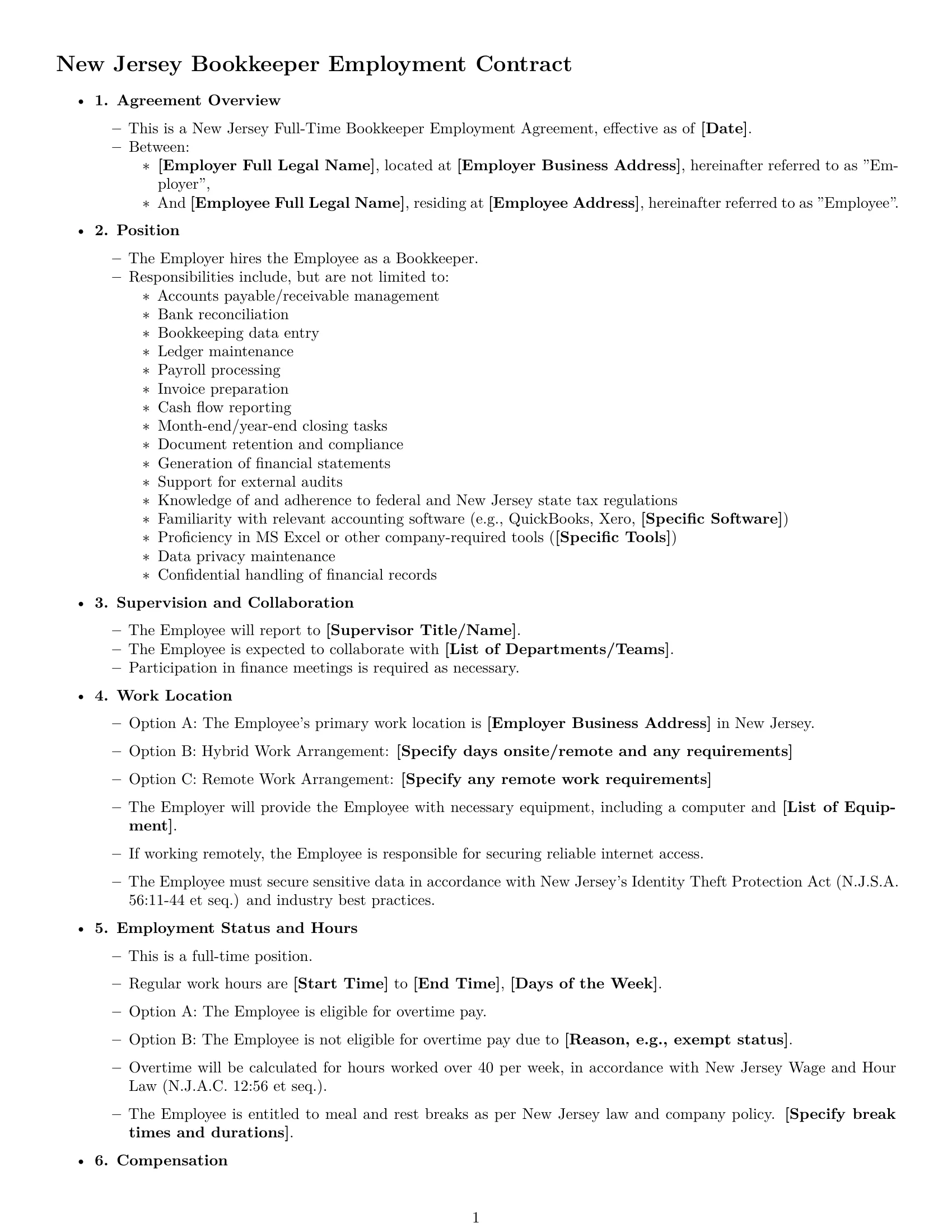 Preview page 1 of Free New Jersey bookkeeper employment contract template