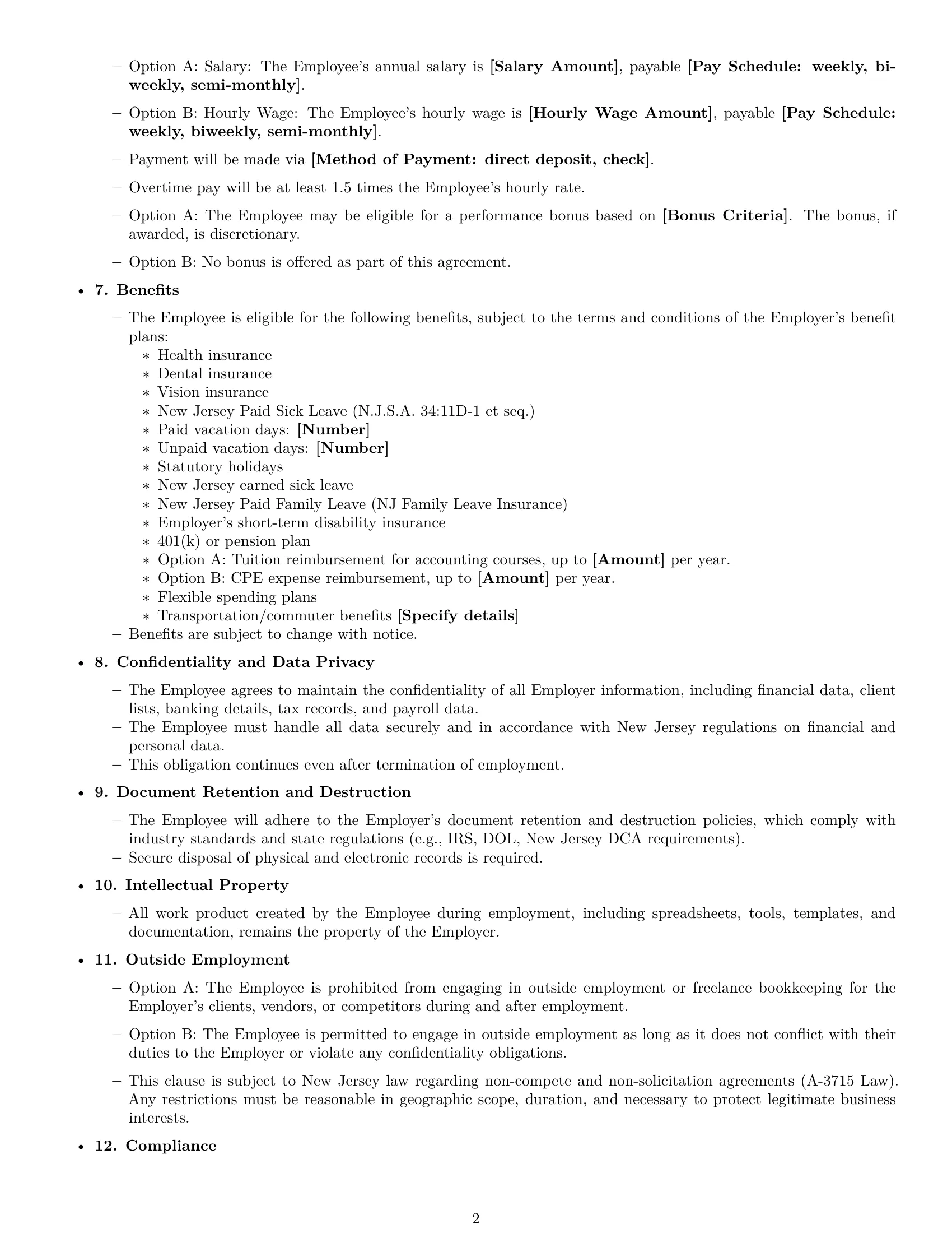 Preview page 2 of Free New Jersey bookkeeper employment contract template