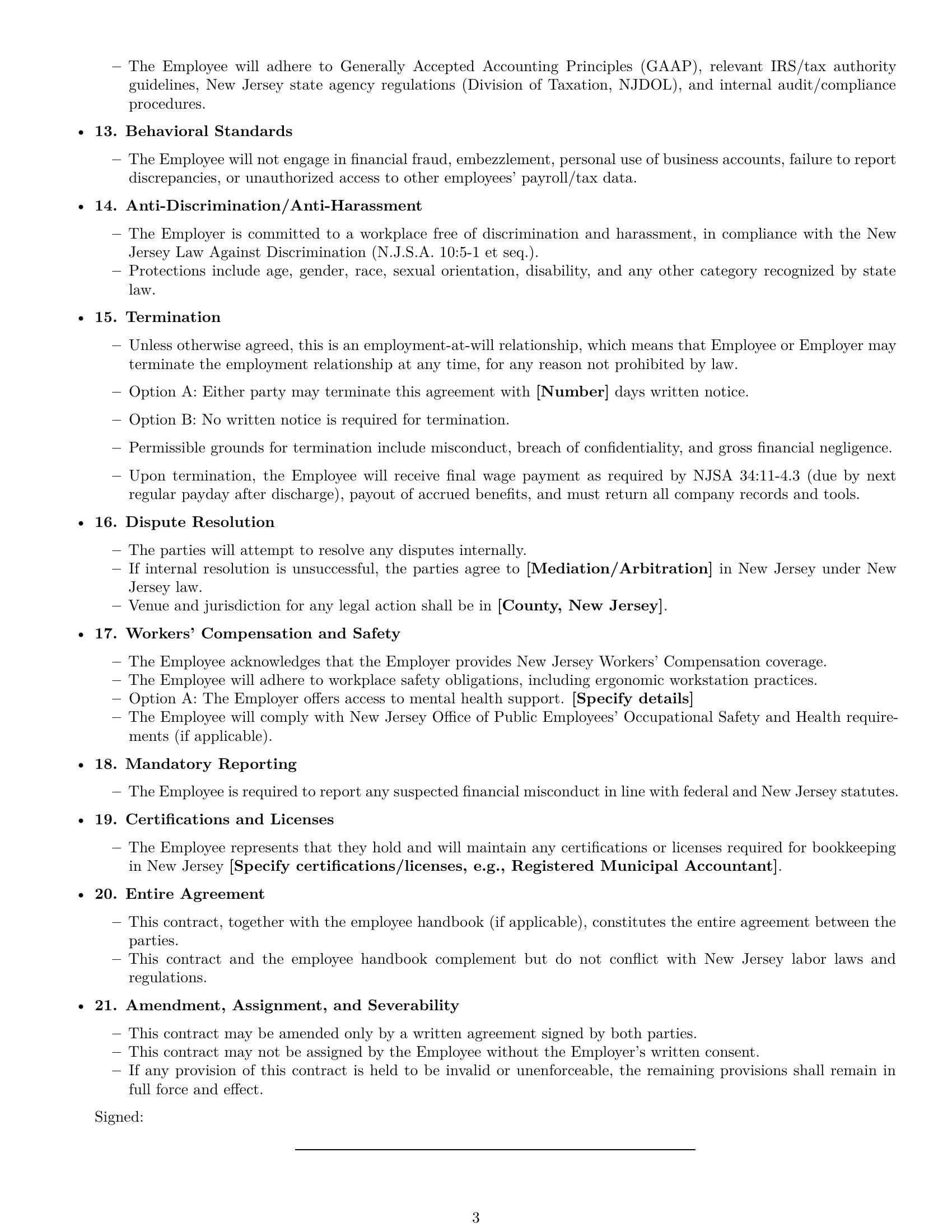 Preview page 3 of Free New Jersey bookkeeper employment contract template
