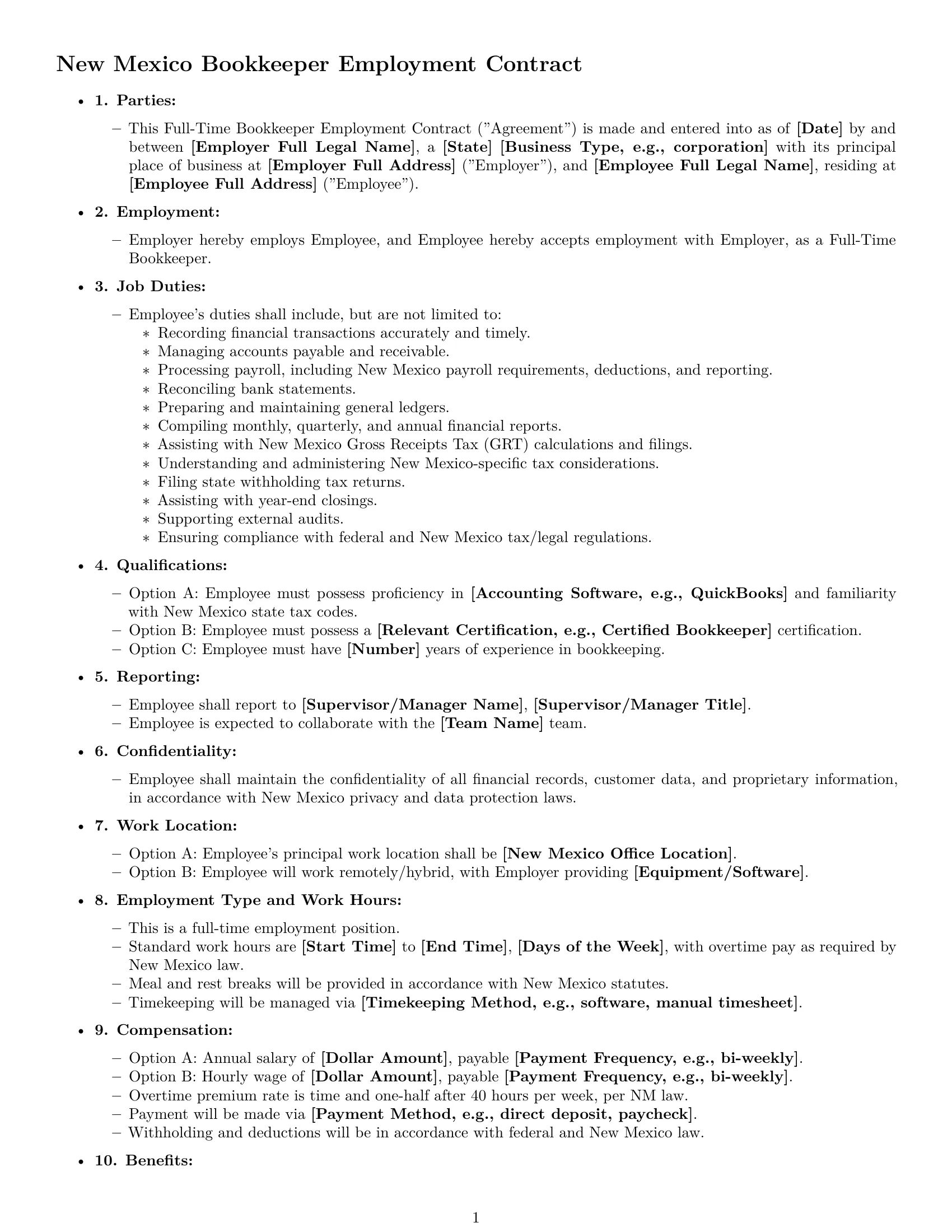 Preview page 1 of Free New Mexico bookkeeper employment contract template