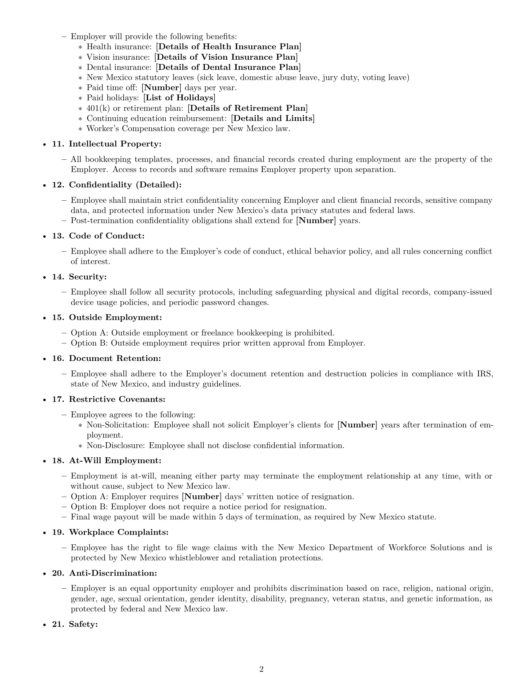 Preview page 2 of Free New Mexico bookkeeper employment contract template