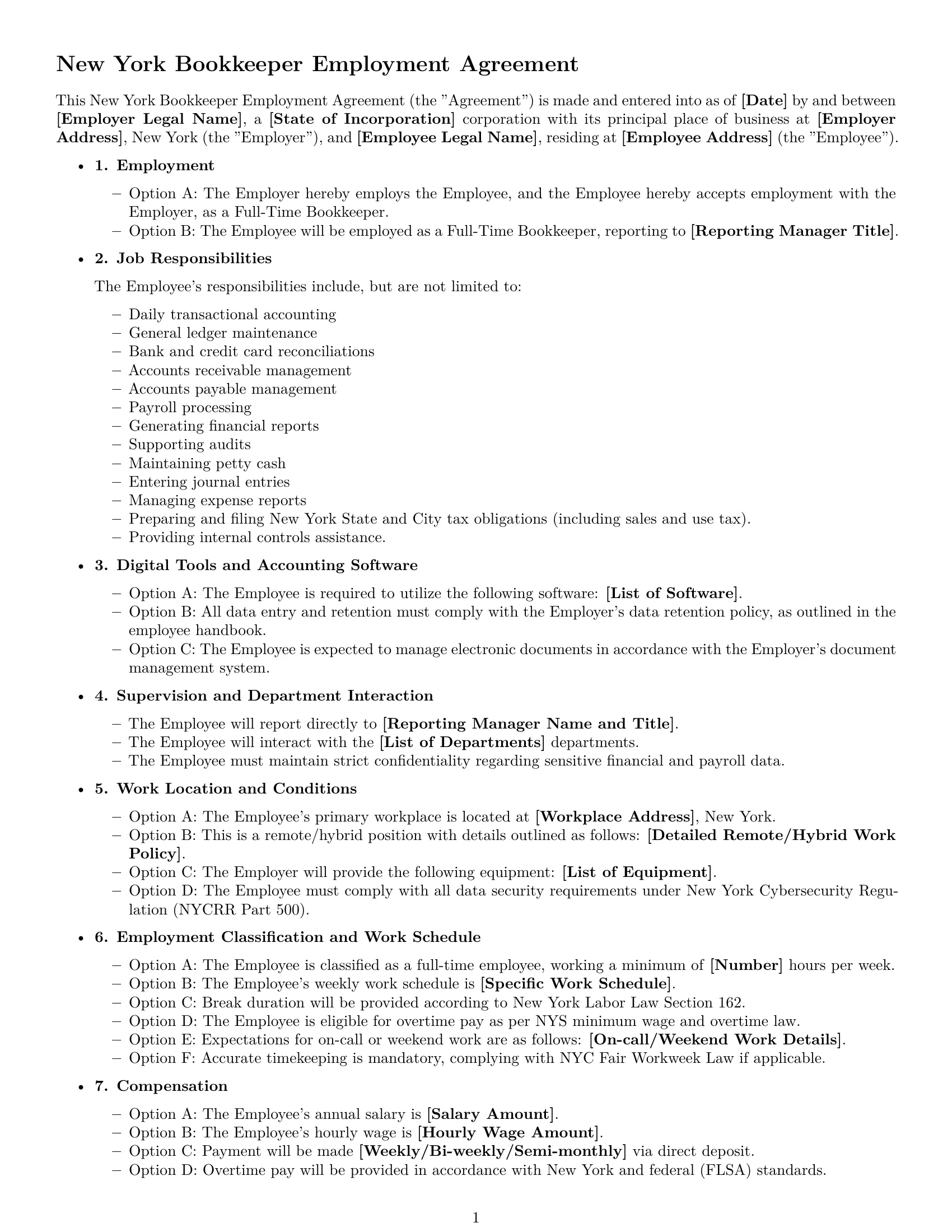 Preview page 1 of Free New York bookkeeper employment contract template
