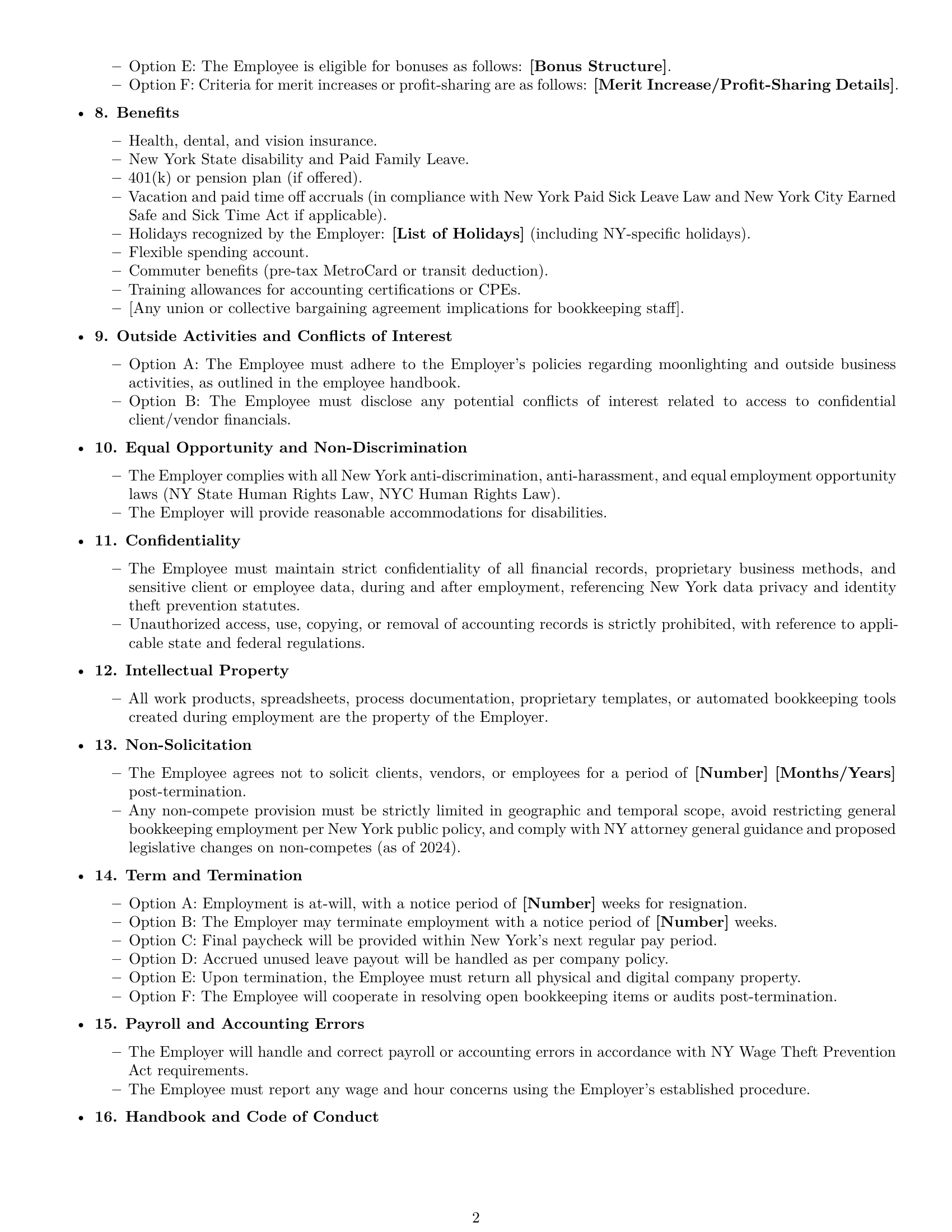 Preview page 2 of Free New York bookkeeper employment contract template