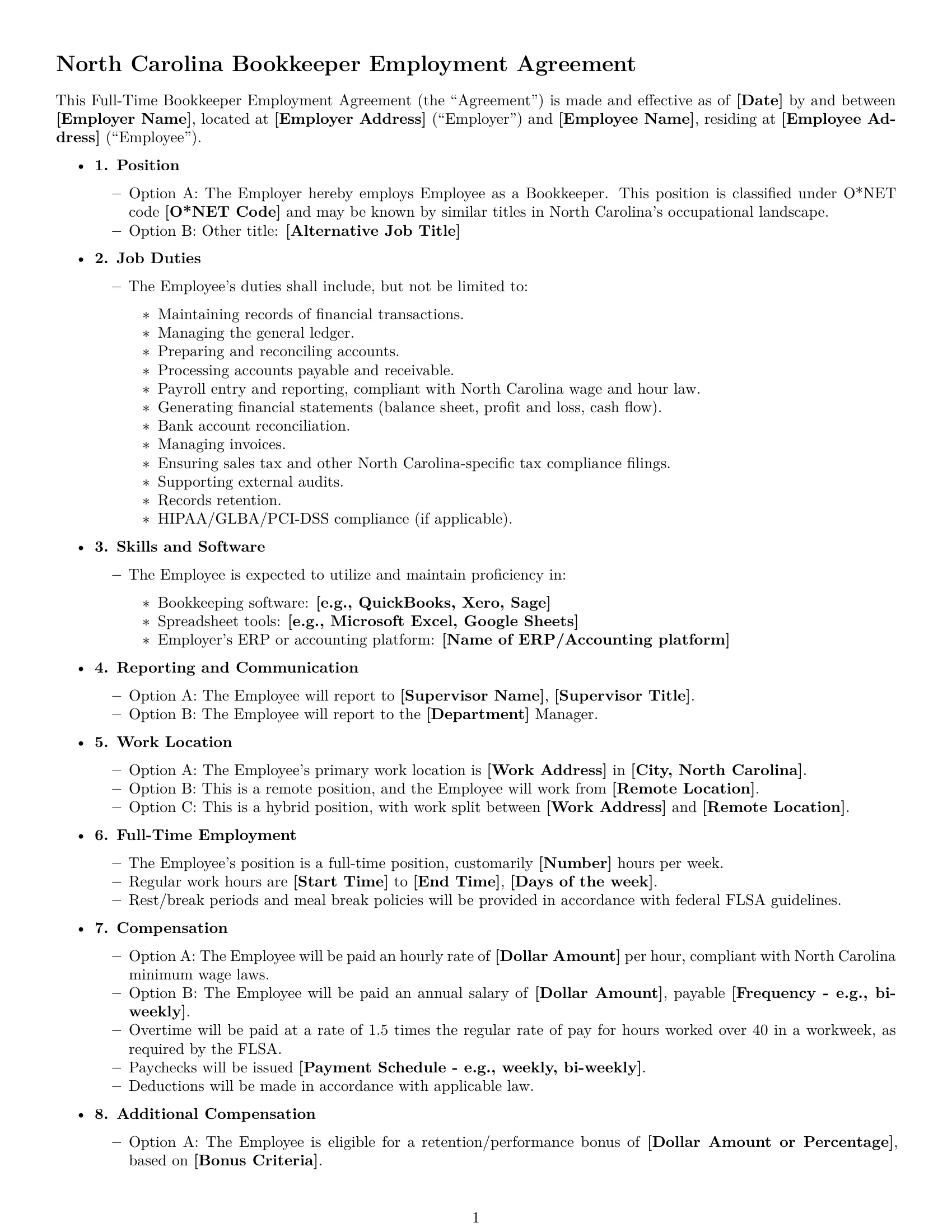 Preview page 1 of Free North Carolina bookkeeper employment contract template