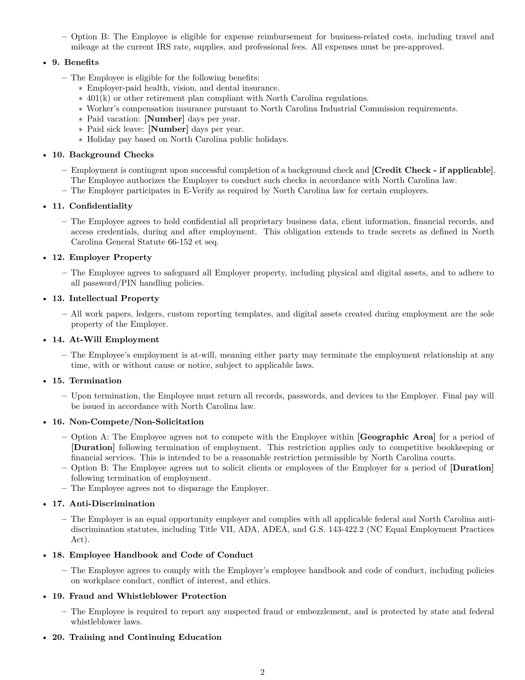 Preview page 2 of Free North Carolina bookkeeper employment contract template