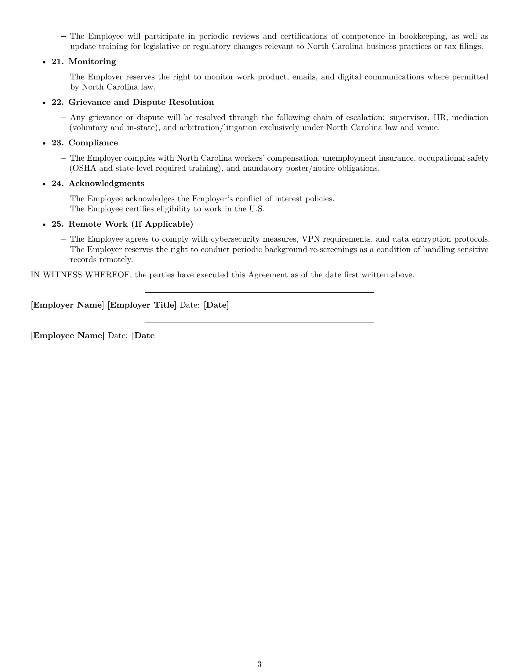 Preview page 3 of Free North Carolina bookkeeper employment contract template