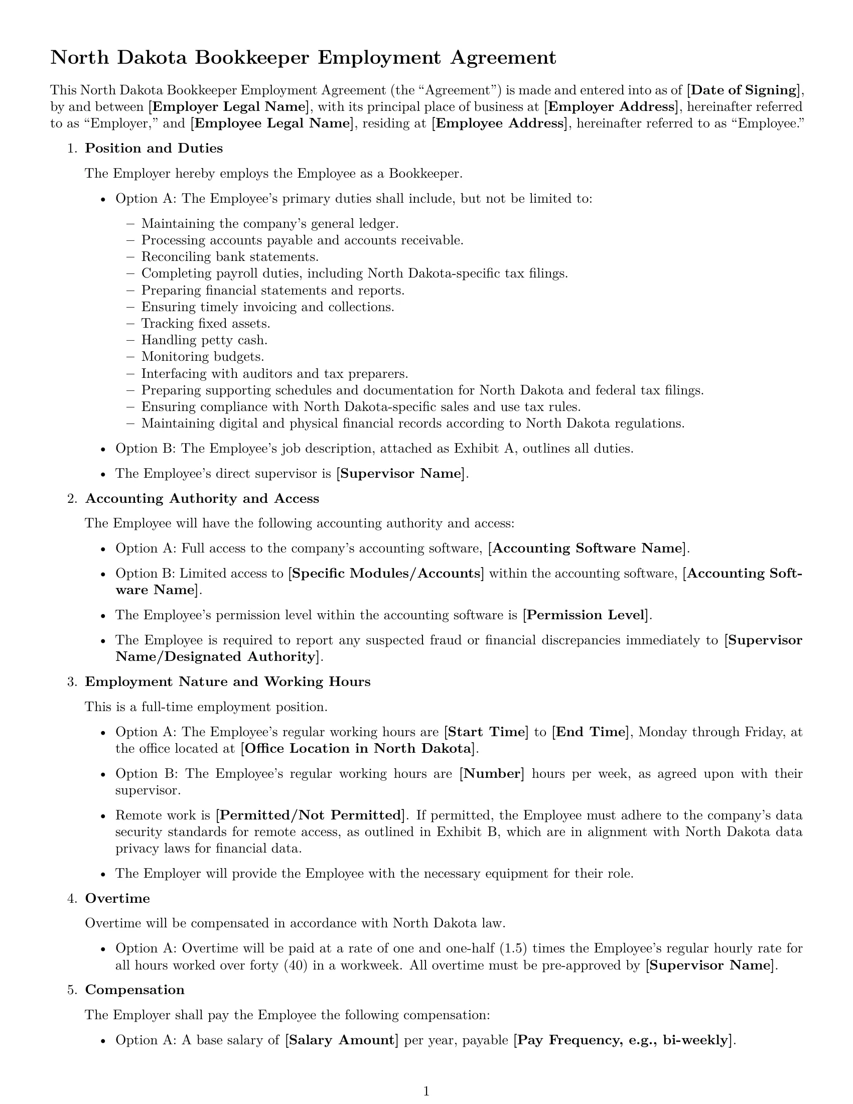 Preview page 1 of Free North Dakota bookkeeper employment contract template