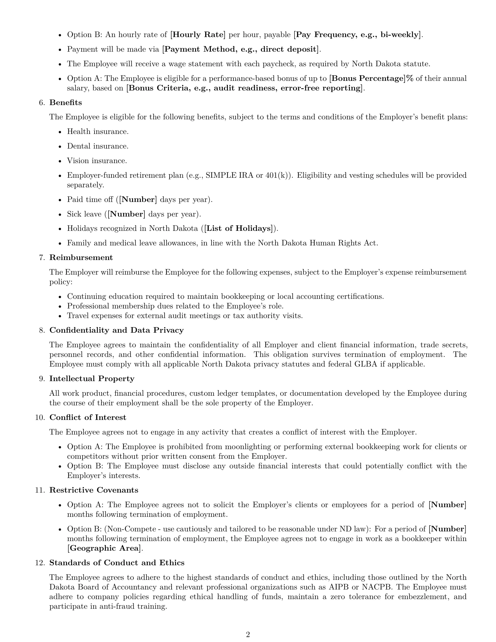 Preview page 2 of Free North Dakota bookkeeper employment contract template