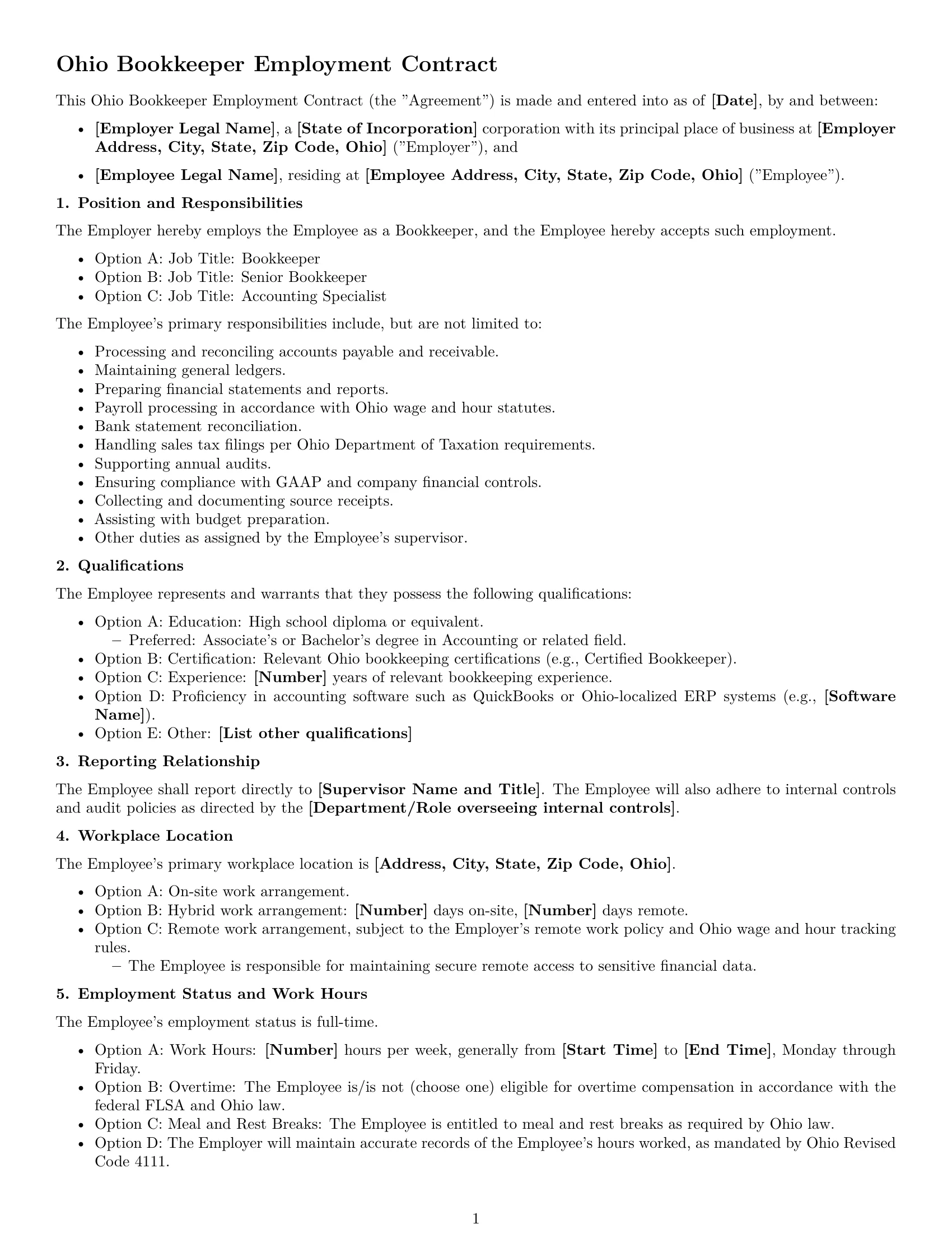 Preview page 1 of Free Ohio bookkeeper employment contract template