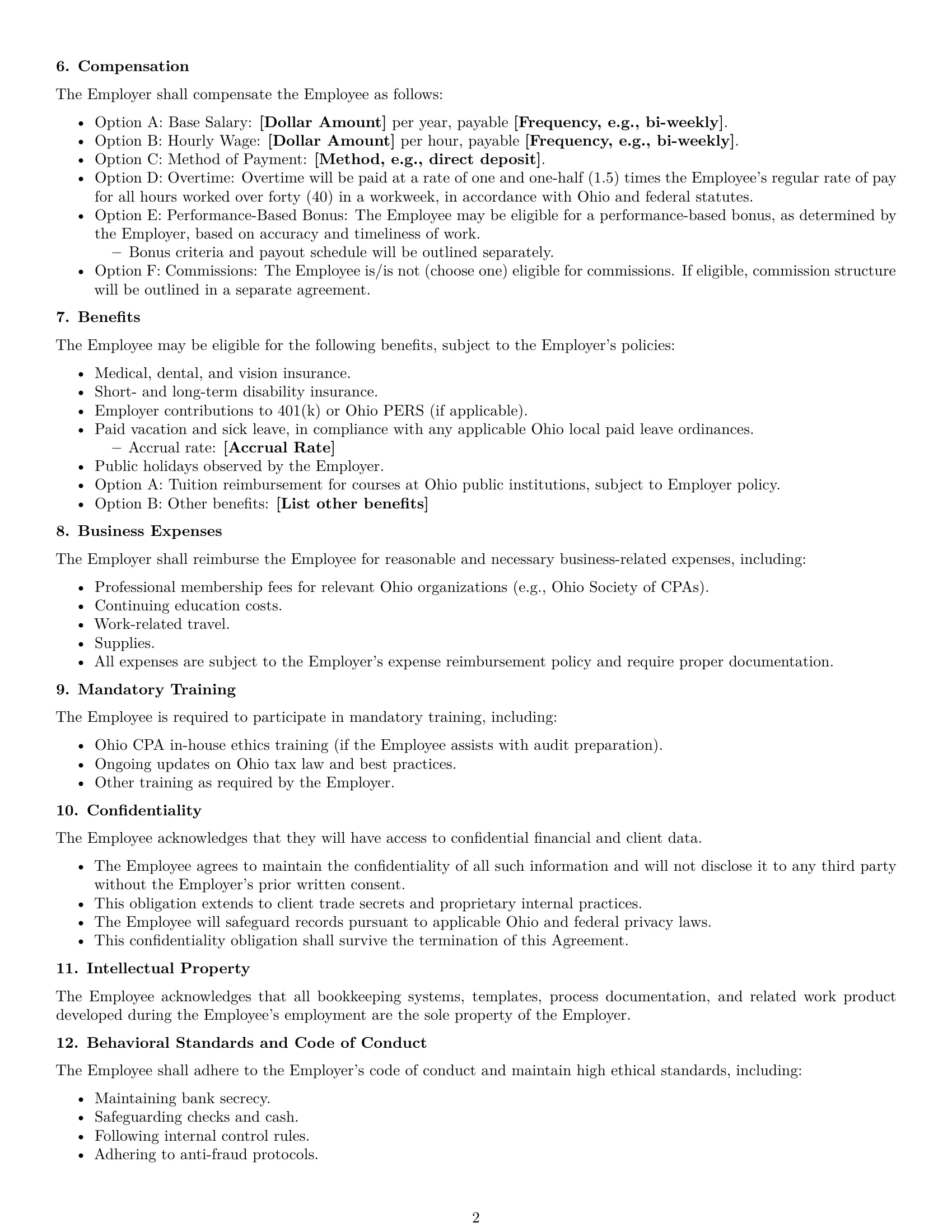Preview page 2 of Free Ohio bookkeeper employment contract template