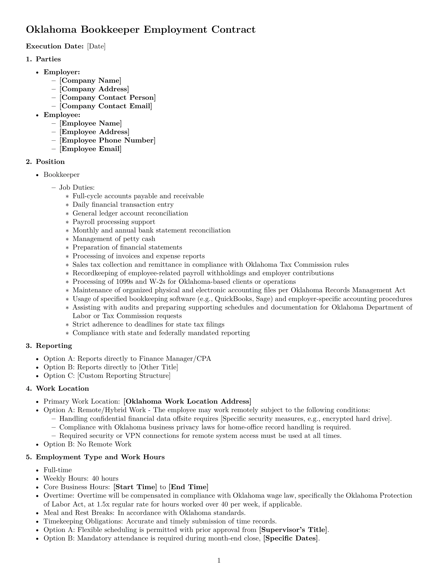 Preview page 1 of Free Oklahoma bookkeeper employment contract template