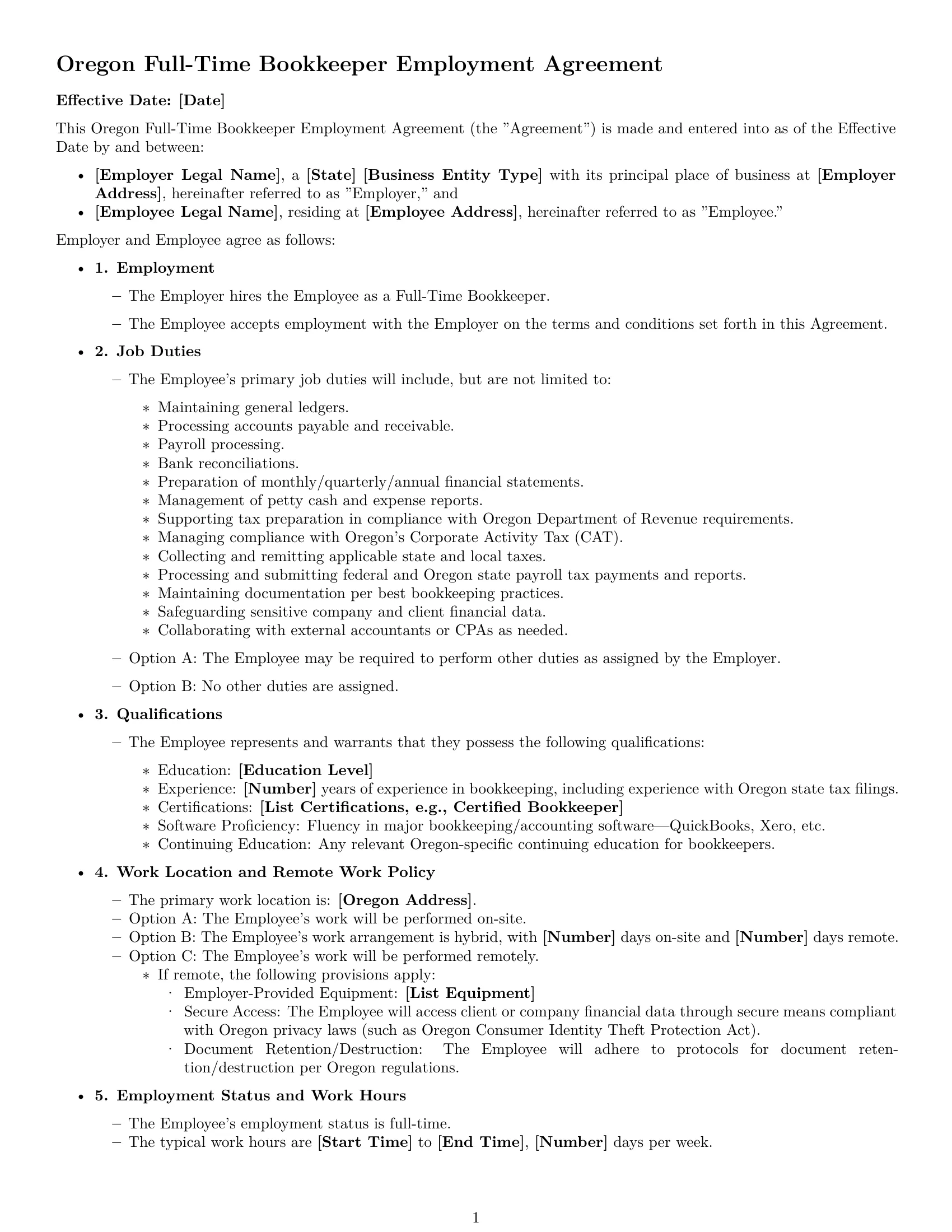 Preview page 1 of Free Oregon bookkeeper employment contract template