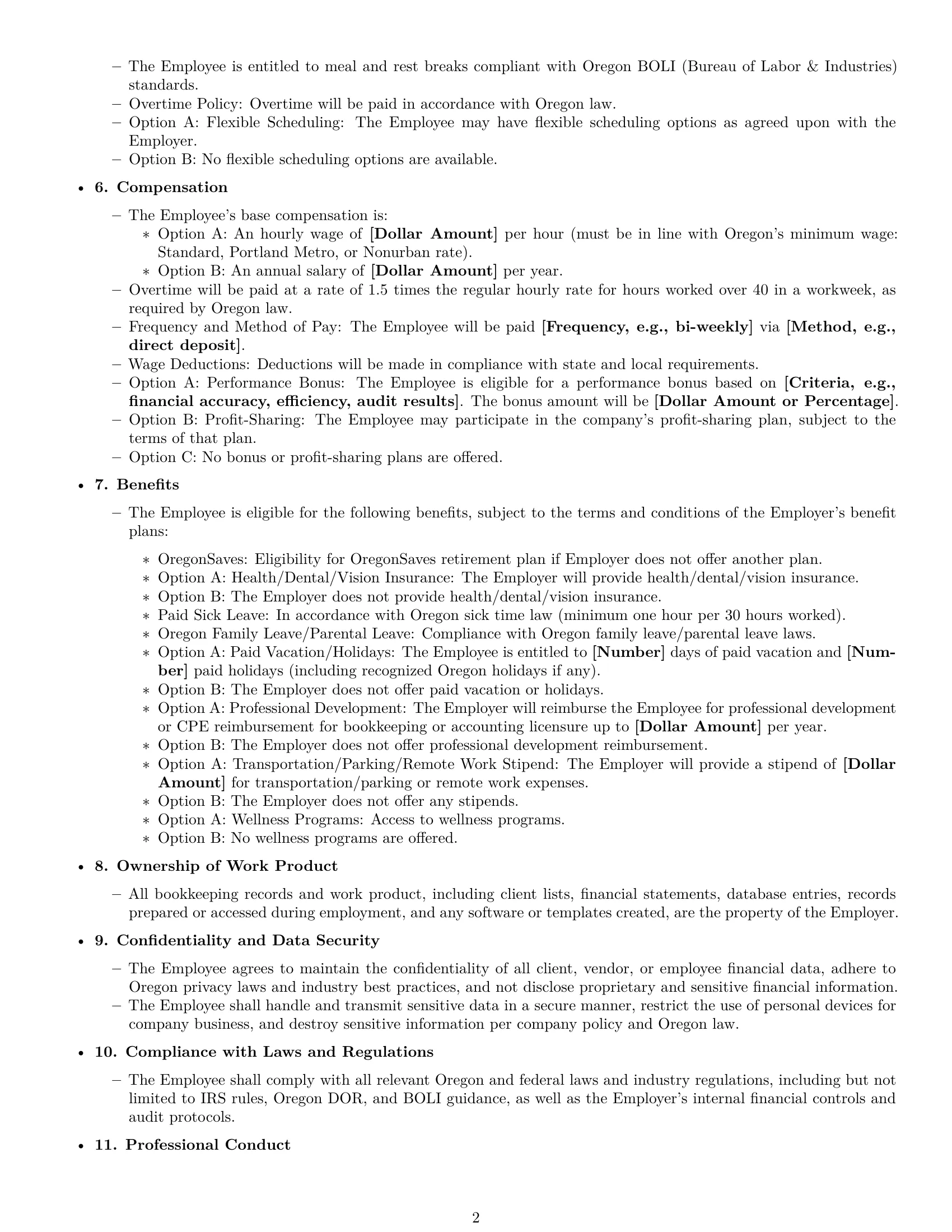 Preview page 2 of Free Oregon bookkeeper employment contract template