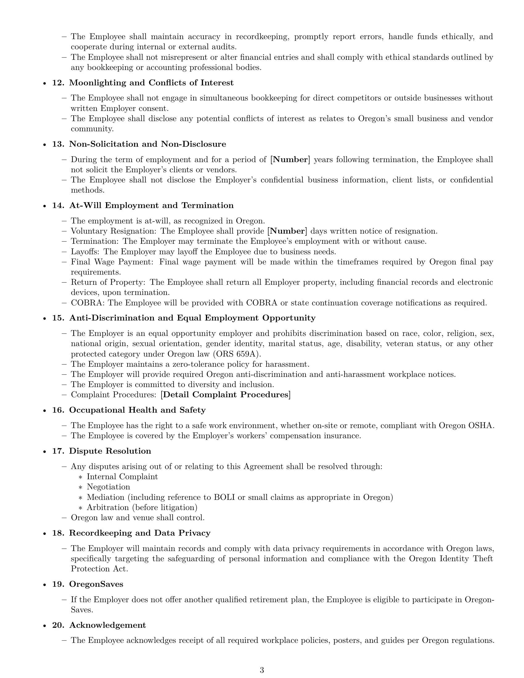 Preview page 3 of Free Oregon bookkeeper employment contract template