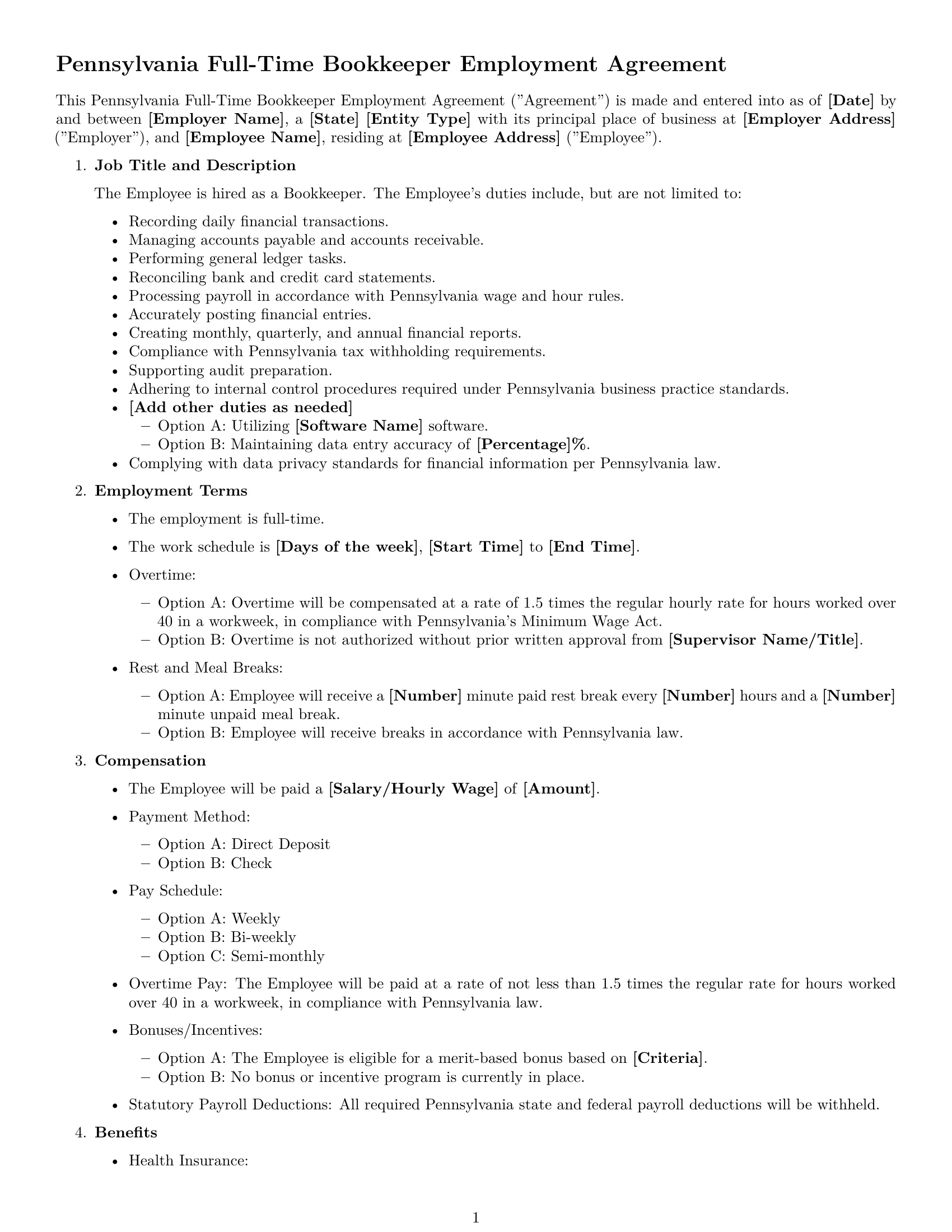 Preview page 1 of Free Pennsylvania bookkeeper employment contract template