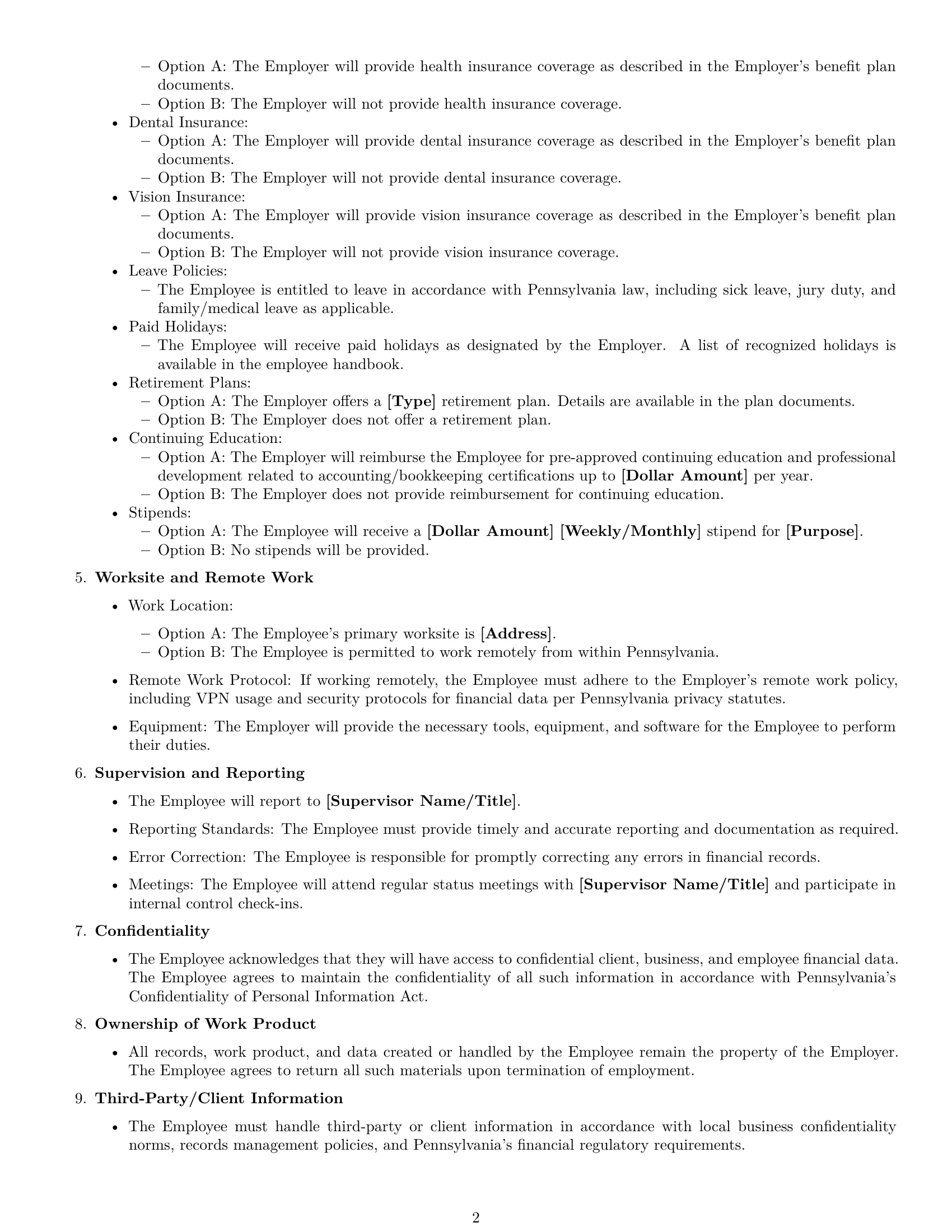 Preview page 2 of Free Pennsylvania bookkeeper employment contract template
