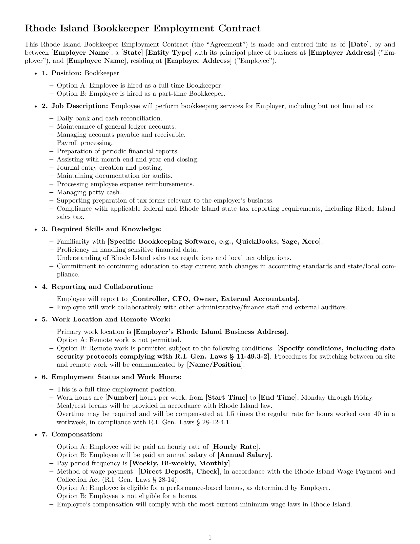 Preview page 1 of Free Rhode Island bookkeeper employment contract template