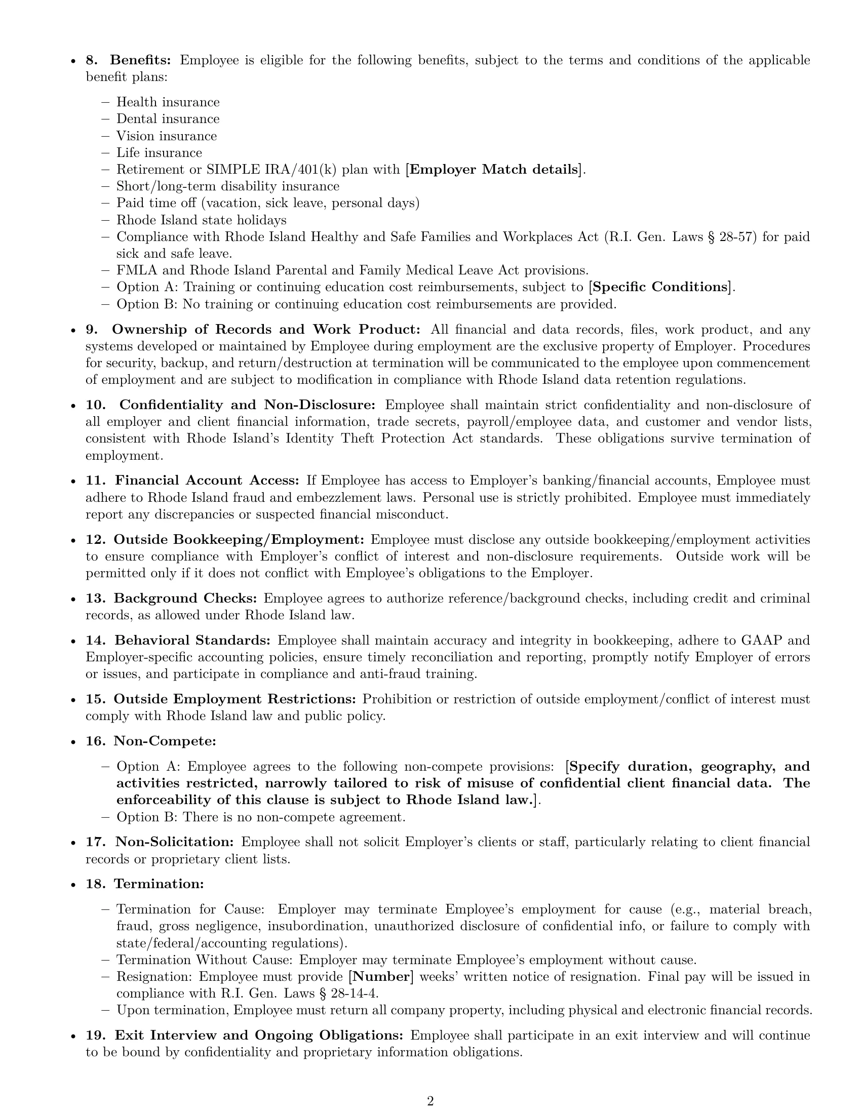 Preview page 2 of Free Rhode Island bookkeeper employment contract template