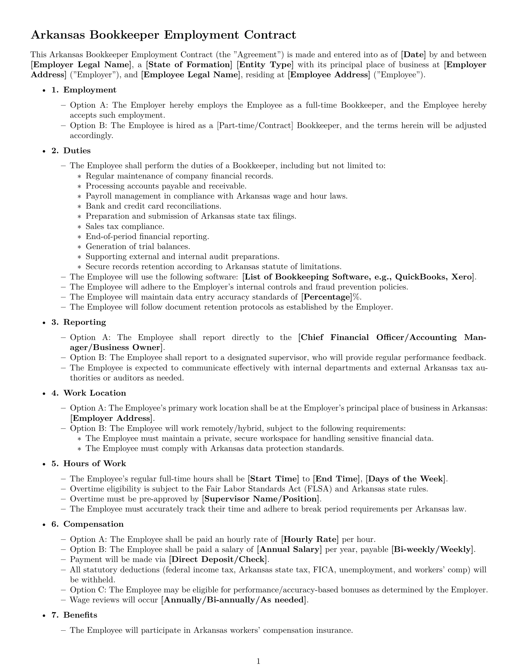 Preview page 1 of Free Arkansas bookkeeper employment contract template