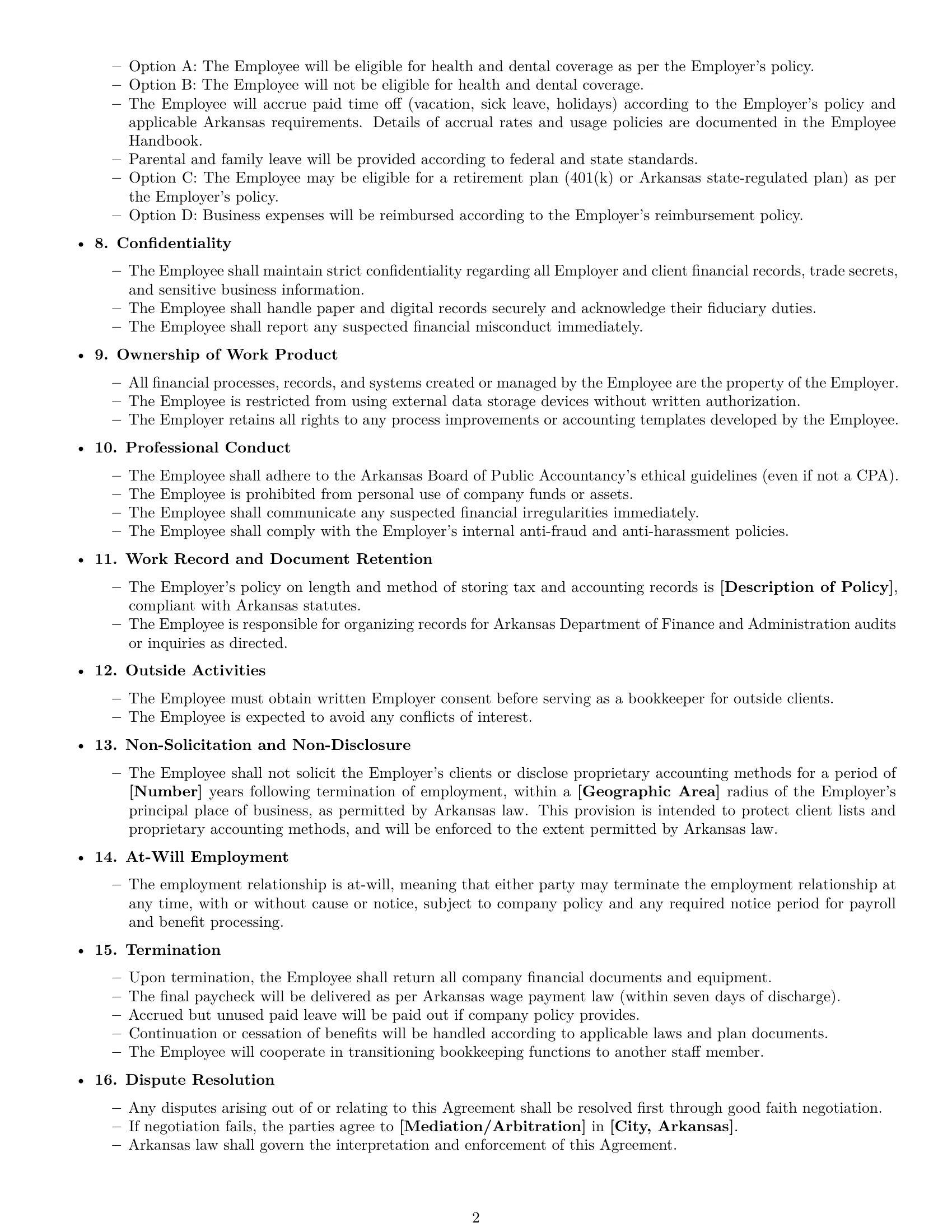 Preview page 2 of Free Arkansas bookkeeper employment contract template