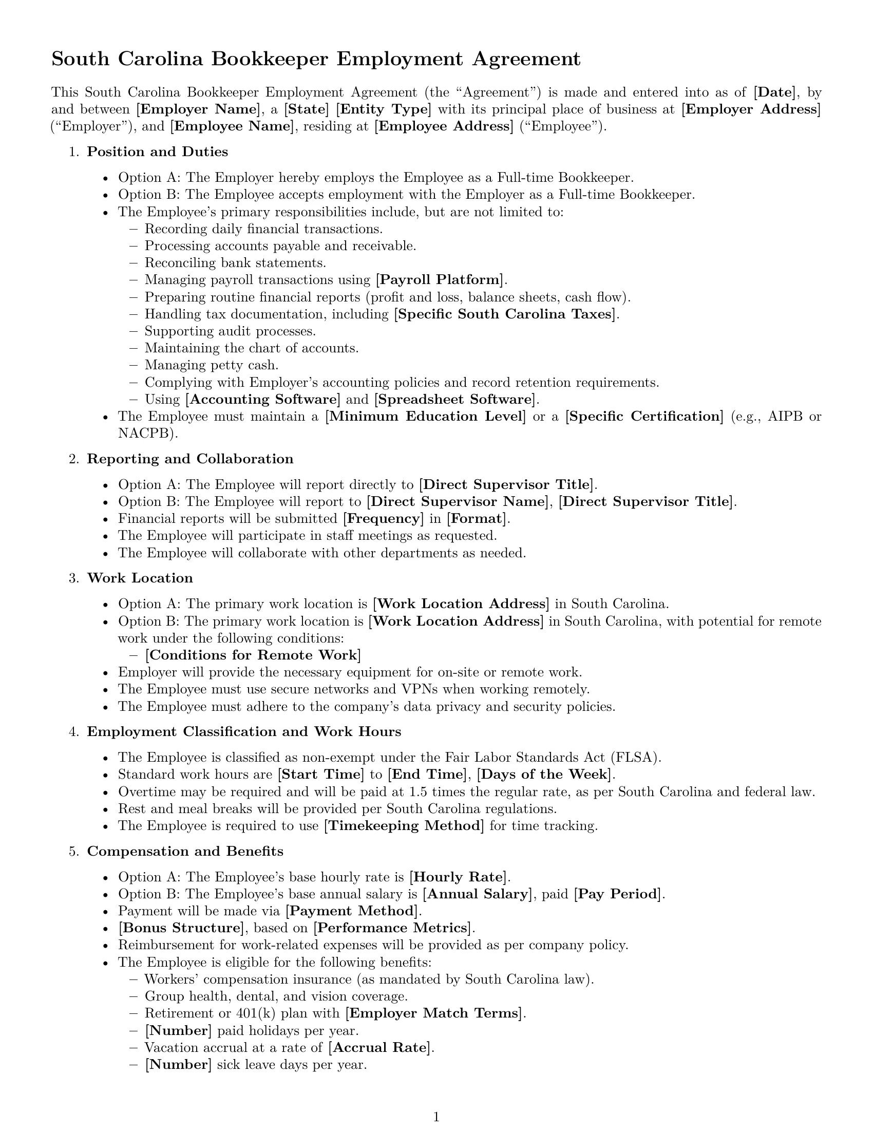 Preview page 1 of Free South Carolina bookkeeper employment contract template