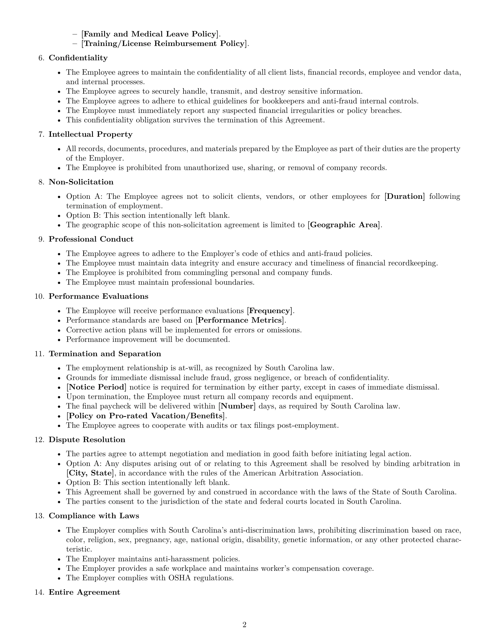 Preview page 2 of Free South Carolina bookkeeper employment contract template