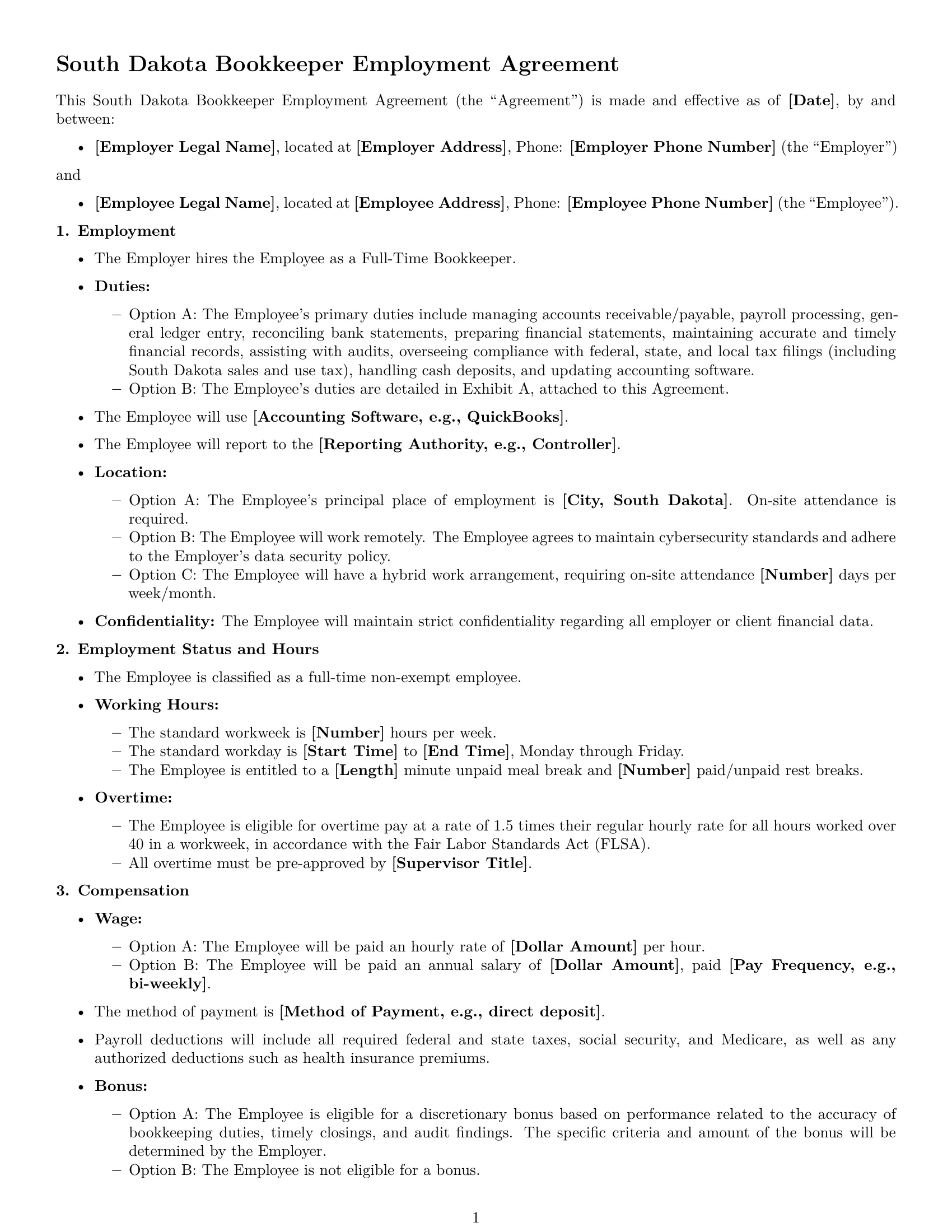 Preview page 1 of Free South Dakota bookkeeper employment contract template