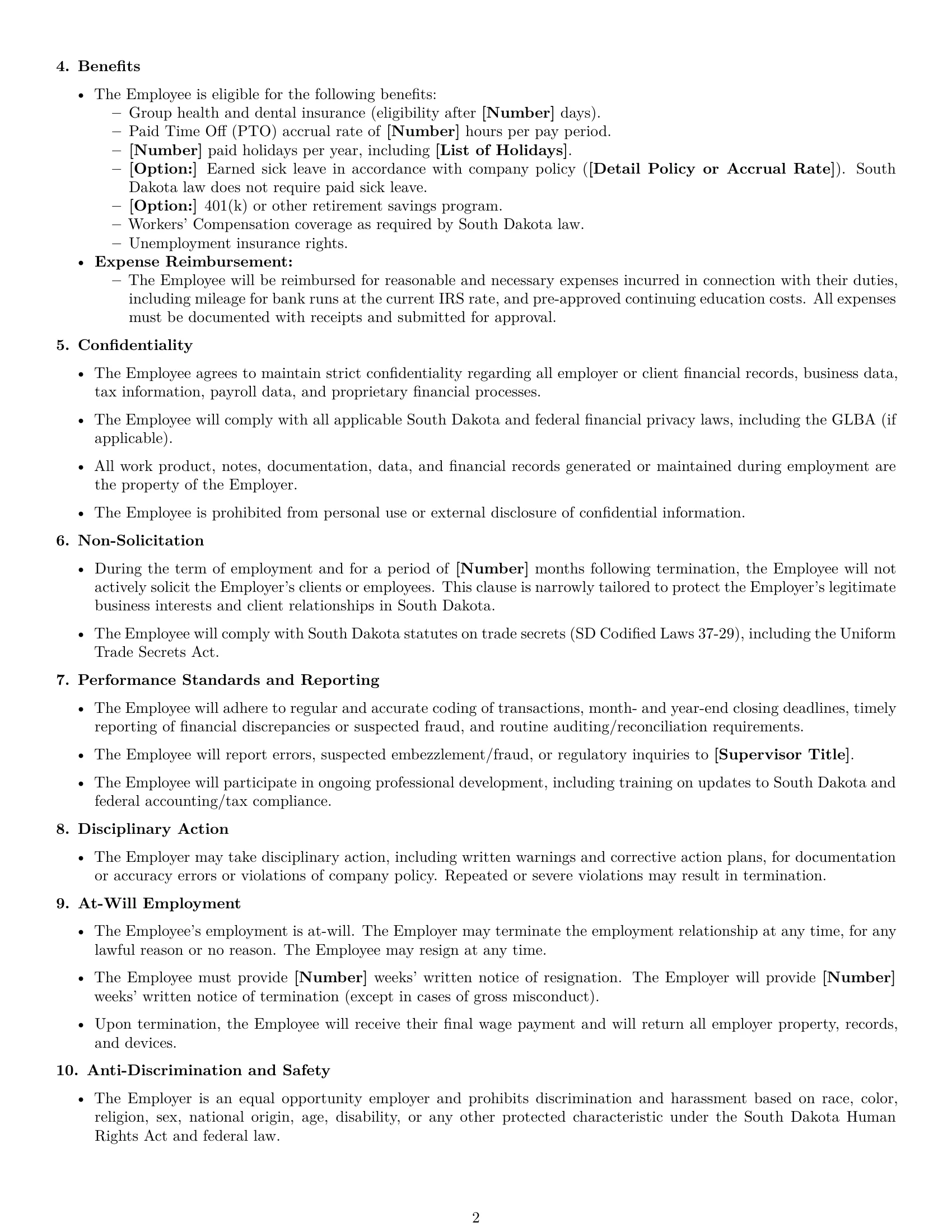 Preview page 2 of Free South Dakota bookkeeper employment contract template