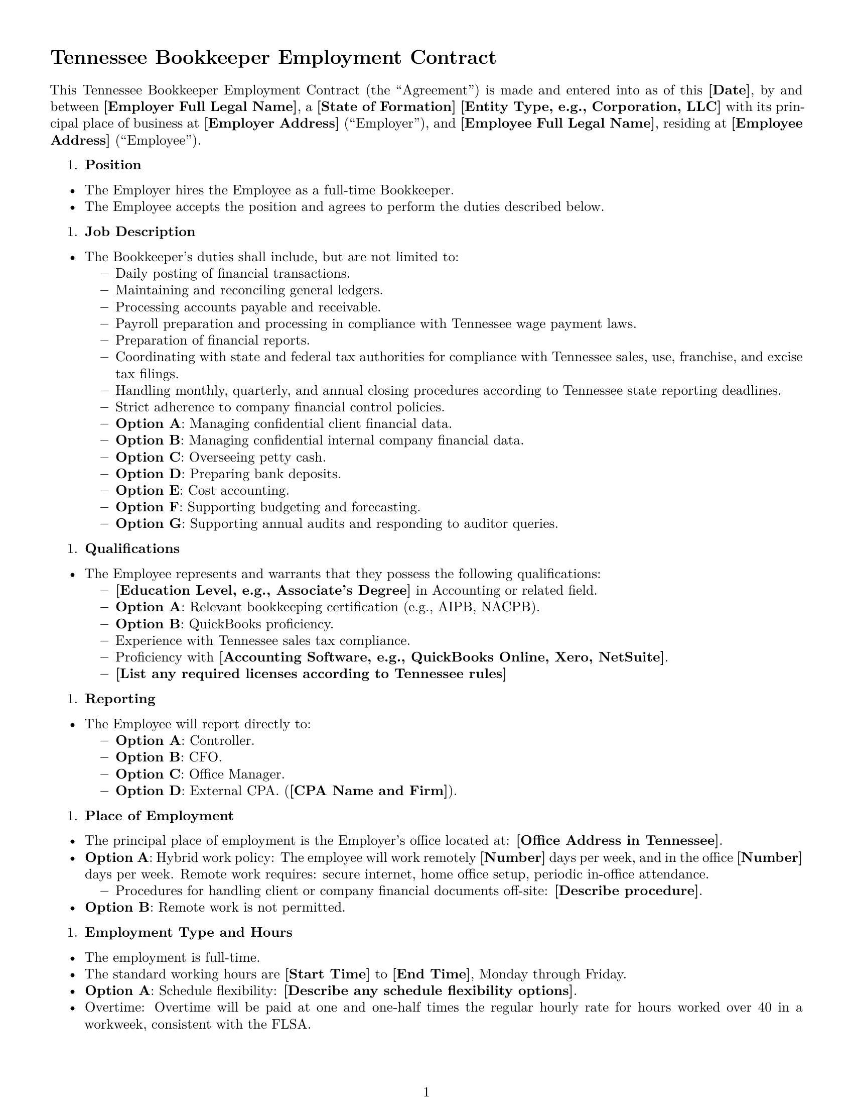 Preview page 1 of Free Tennessee bookkeeper employment contract template