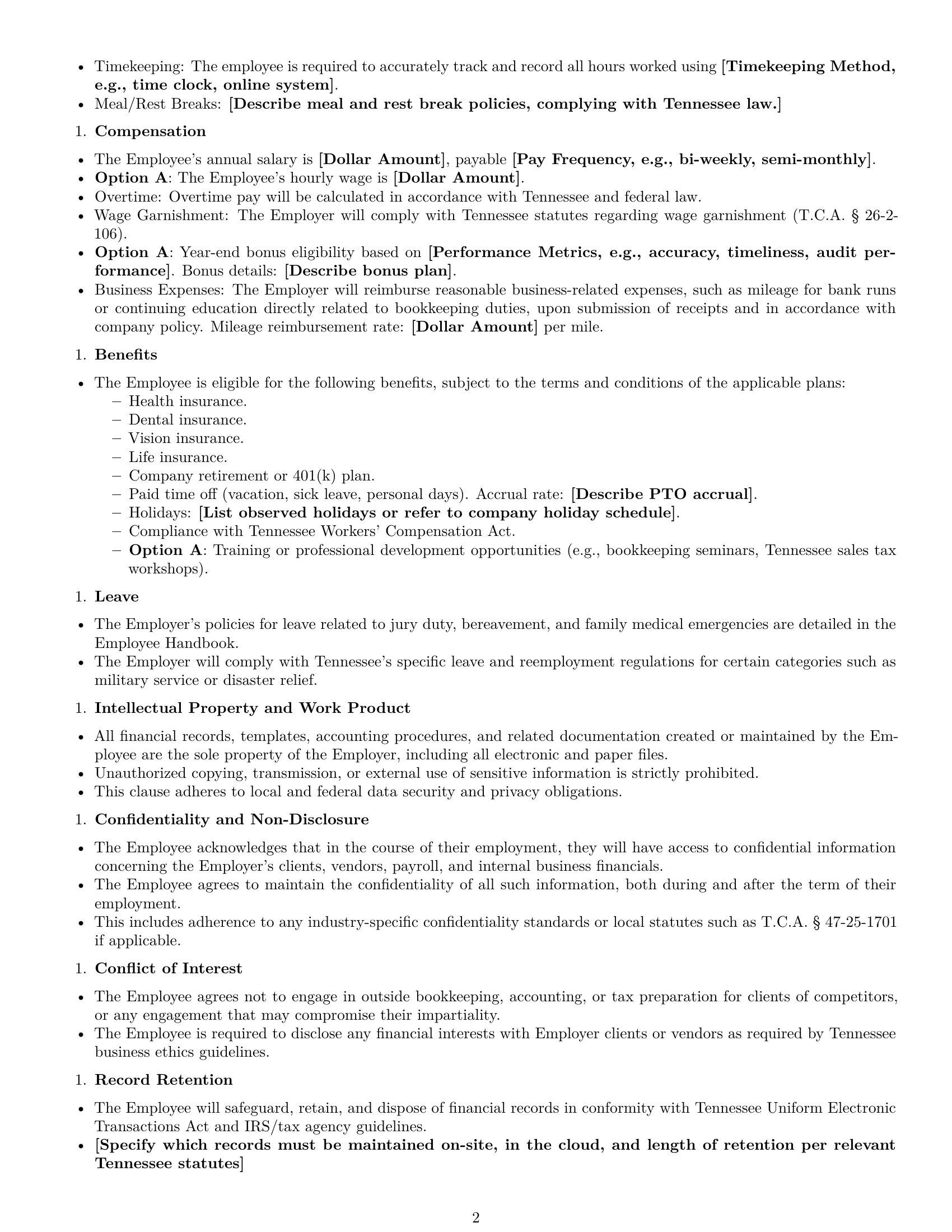 Preview page 2 of Free Tennessee bookkeeper employment contract template