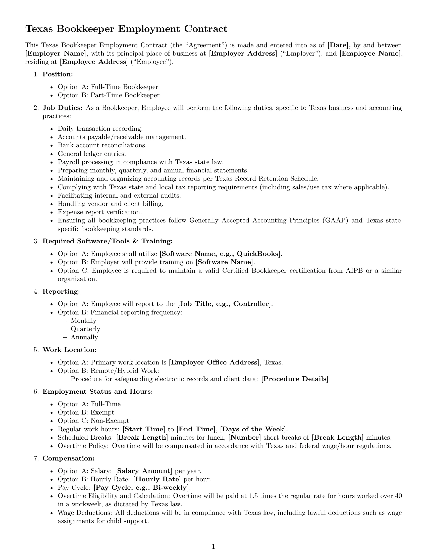 Preview page 1 of Free Texas bookkeeper employment contract template