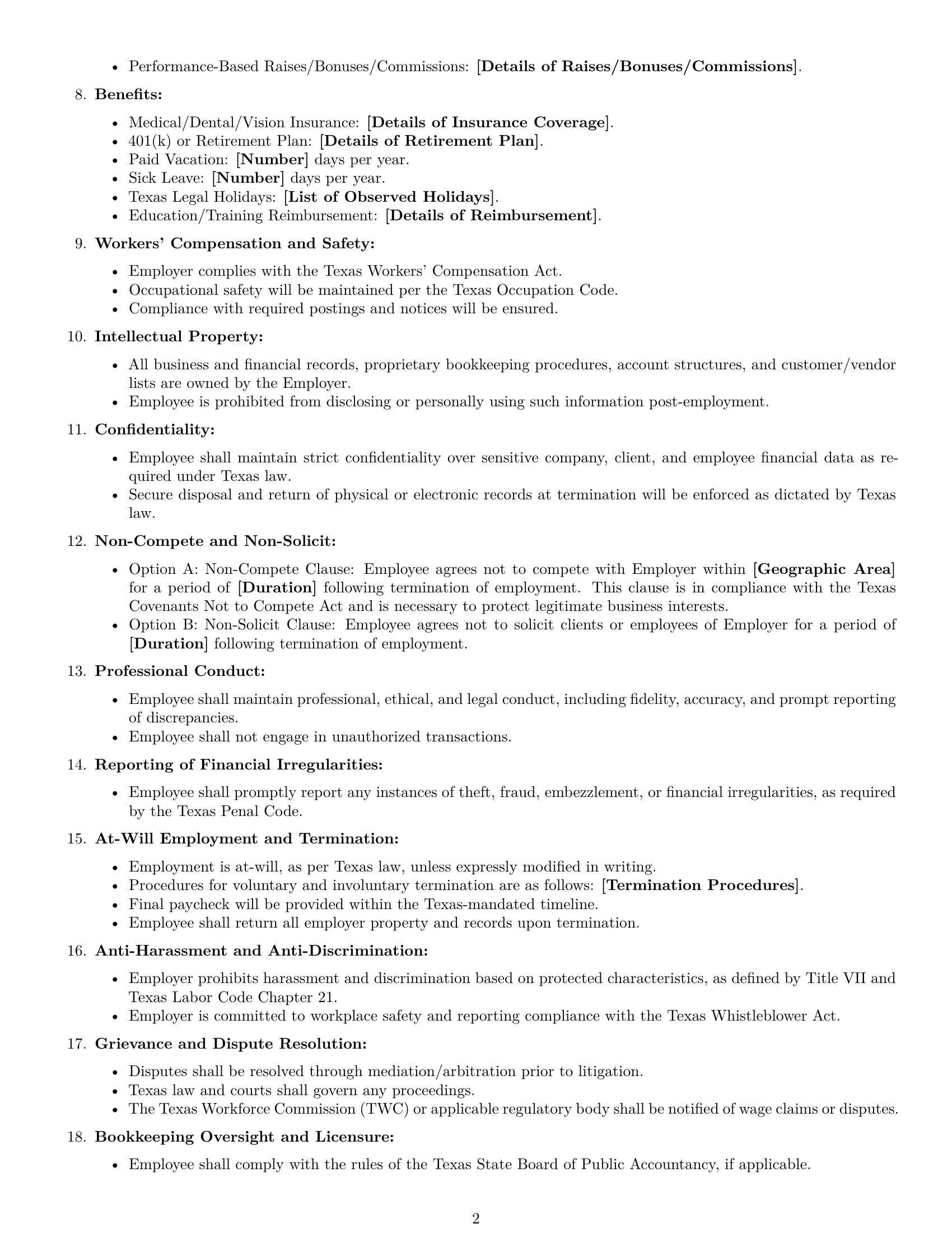 Preview page 2 of Free Texas bookkeeper employment contract template