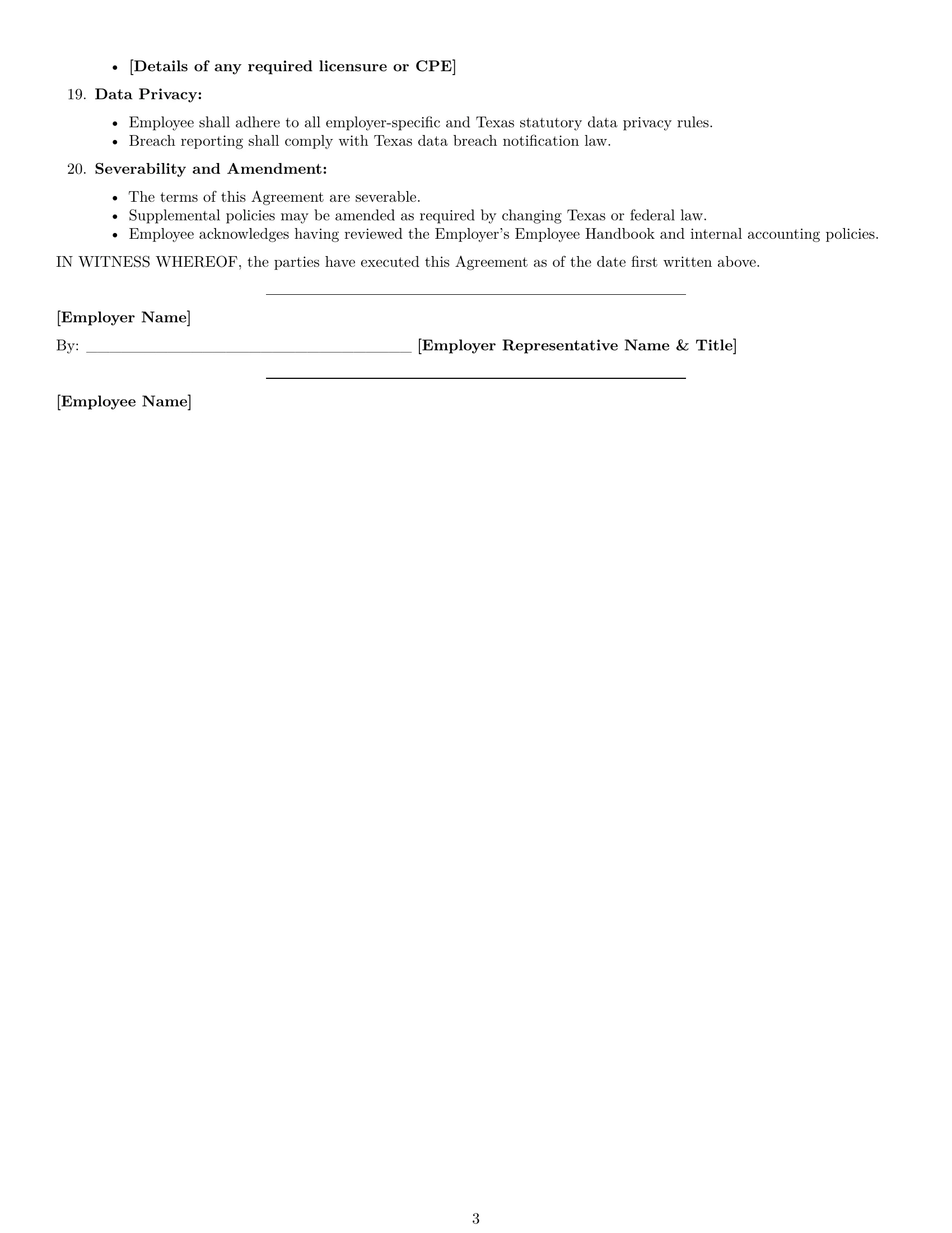 Preview page 3 of Free Texas bookkeeper employment contract template