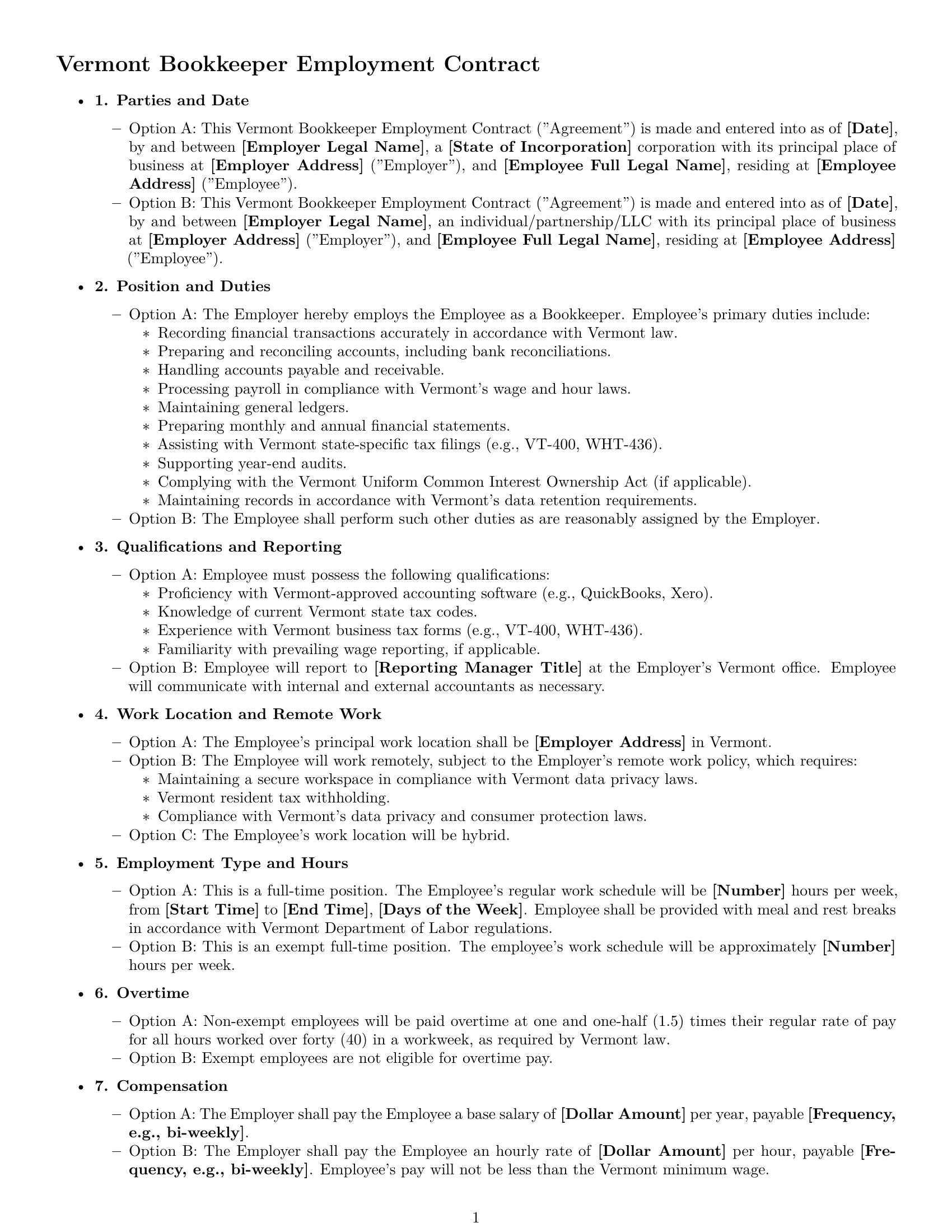 Preview page 1 of Free Vermont bookkeeper employment contract template