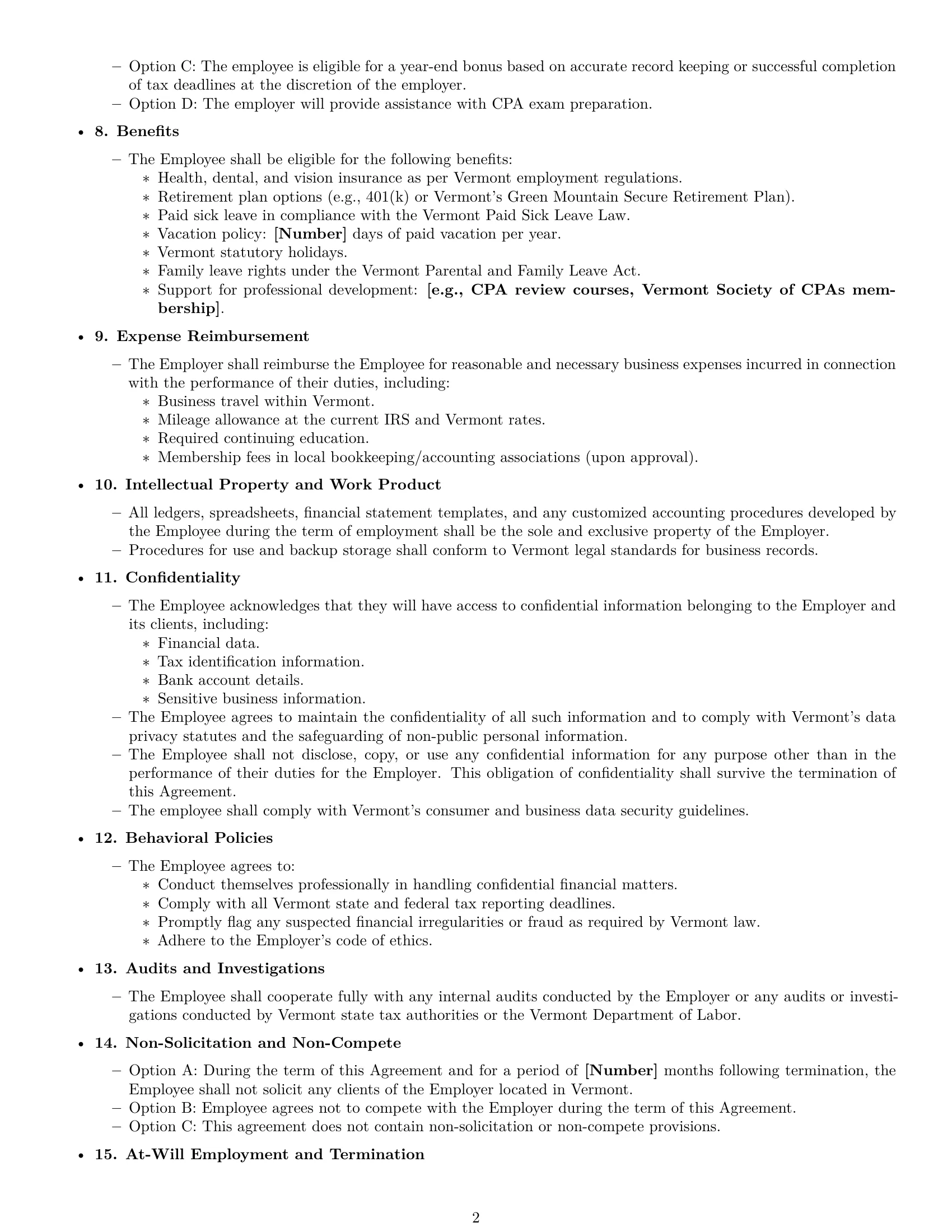 Preview page 2 of Free Vermont bookkeeper employment contract template