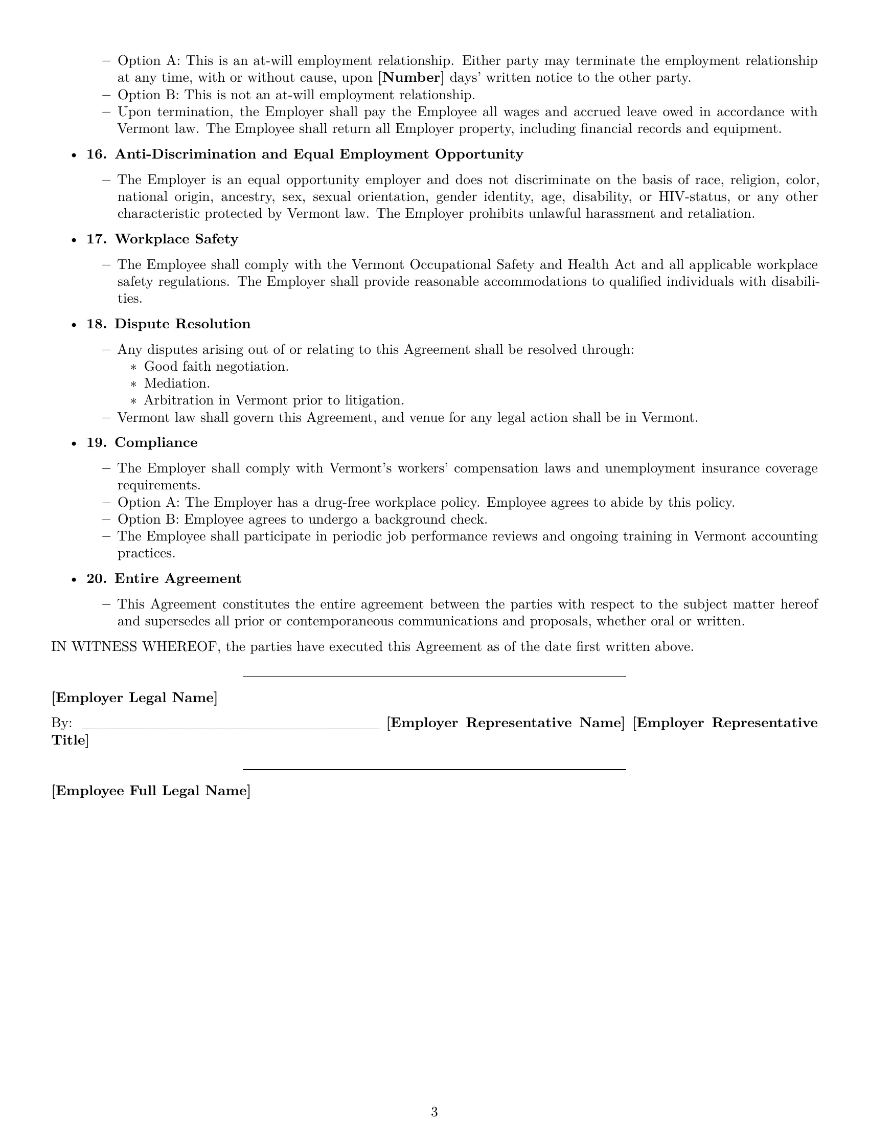 Preview page 3 of Free Vermont bookkeeper employment contract template