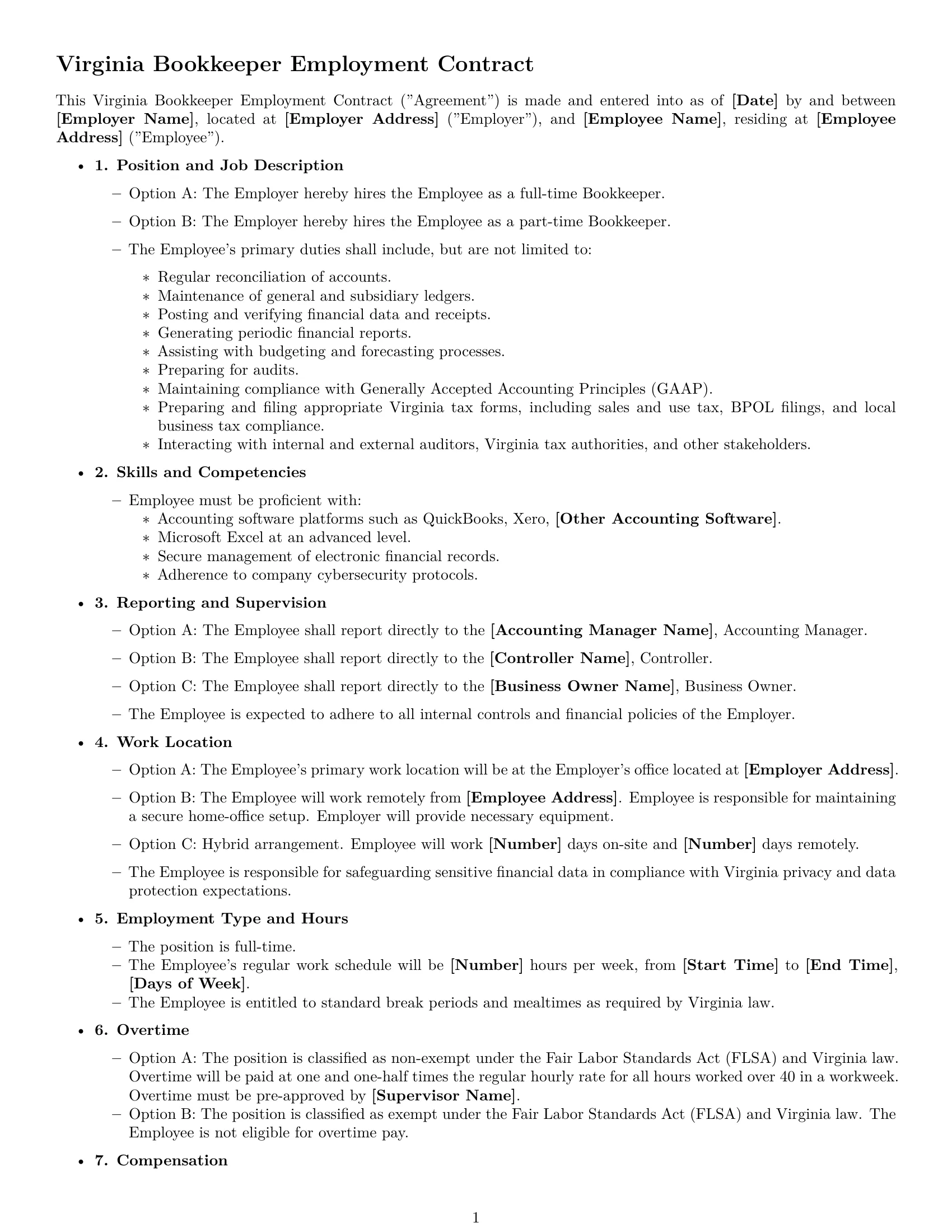 Preview page 1 of Free Virginia bookkeeper employment contract template