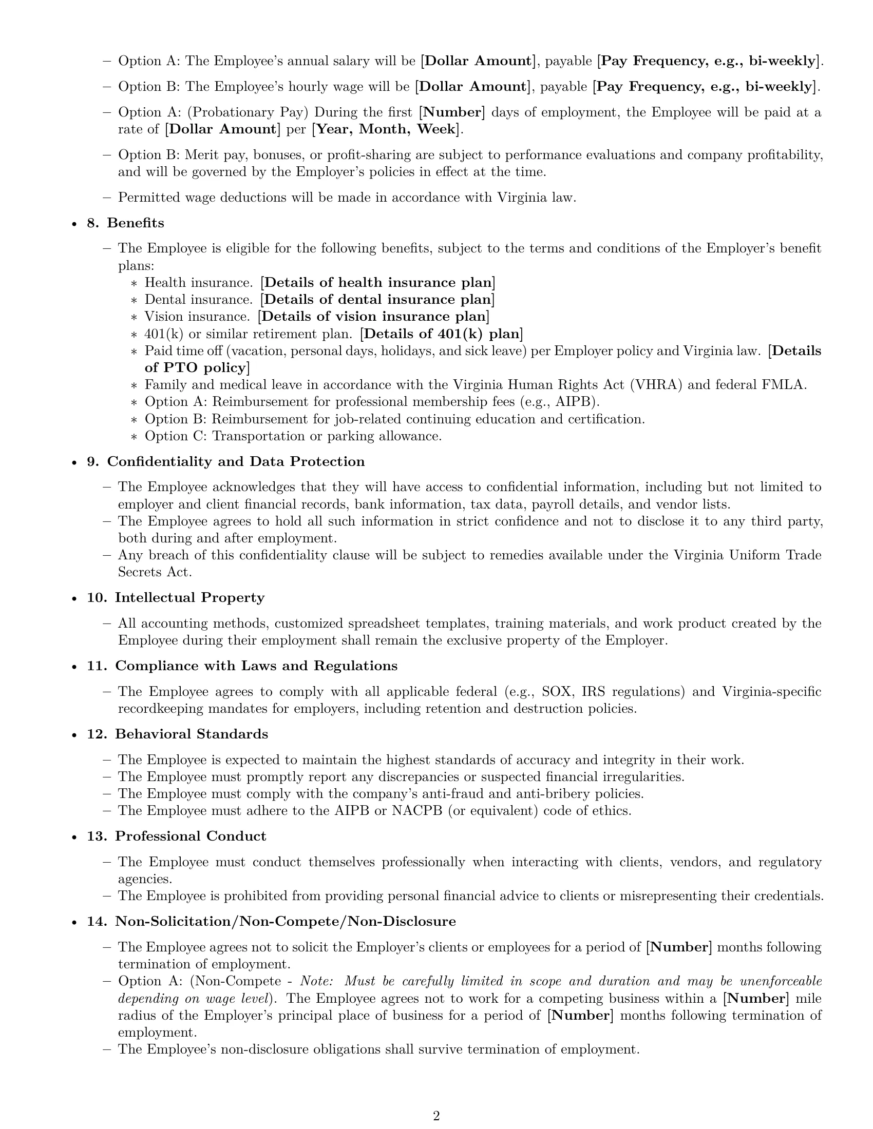 Preview page 2 of Free Virginia bookkeeper employment contract template