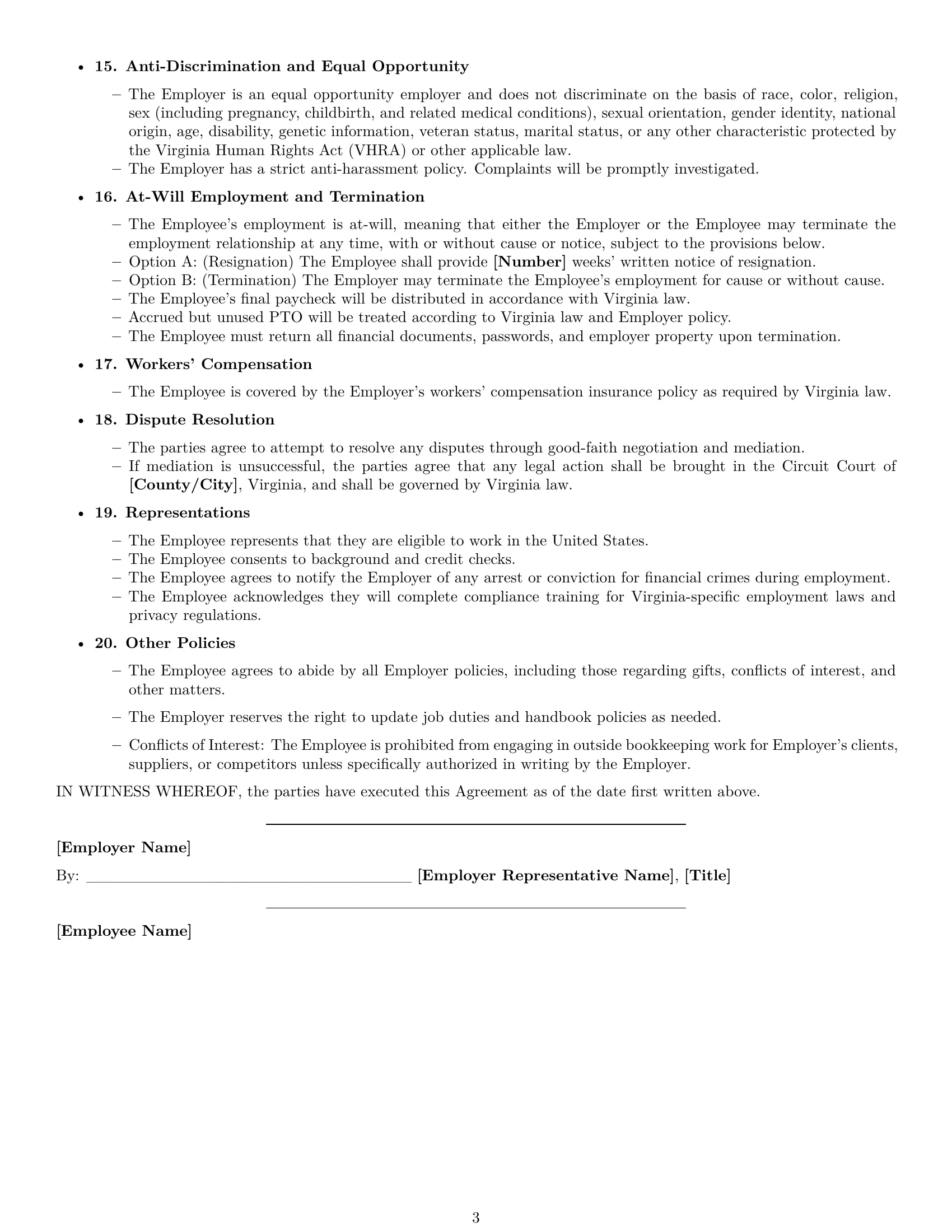 Preview page 3 of Free Virginia bookkeeper employment contract template