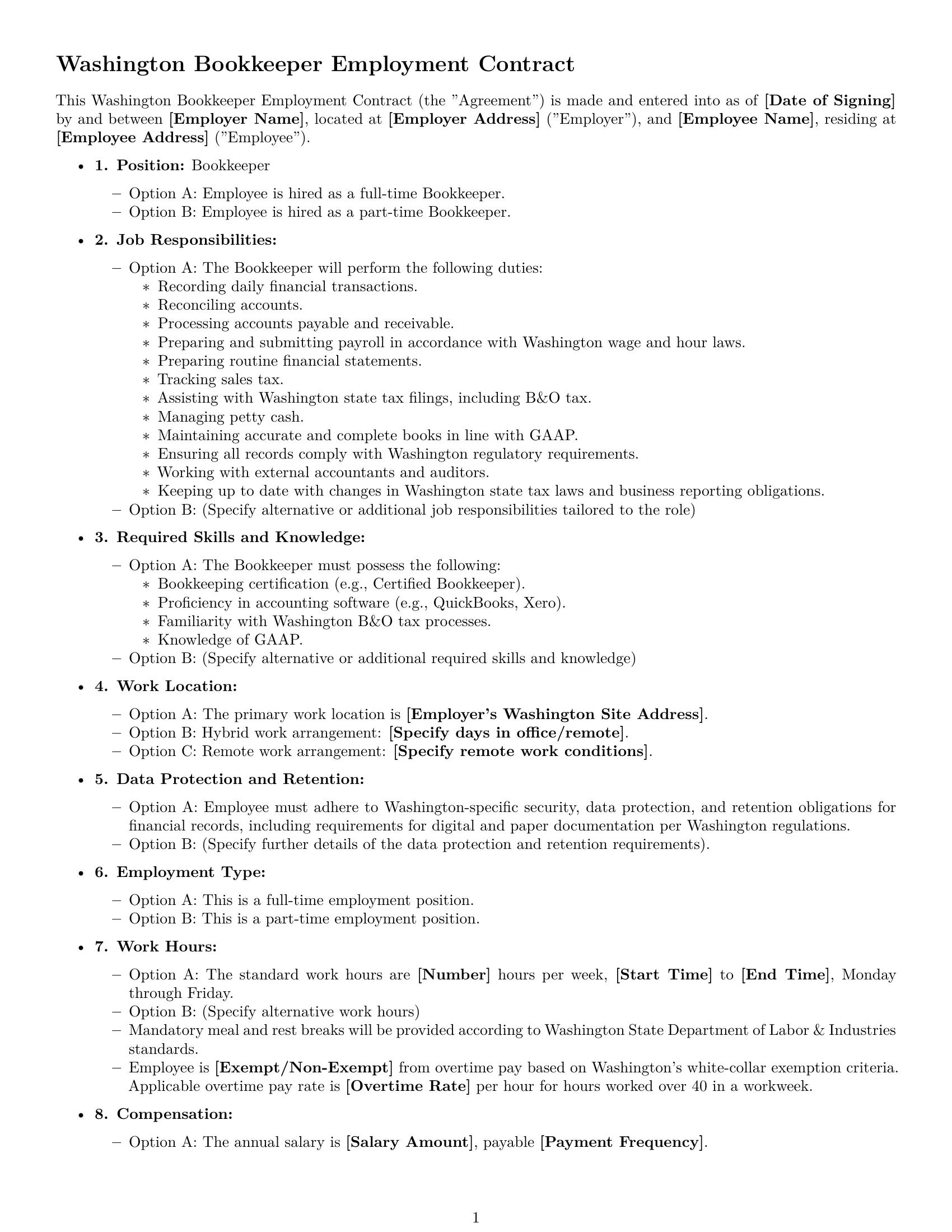 Preview page 1 of Free Washington bookkeeper employment contract template