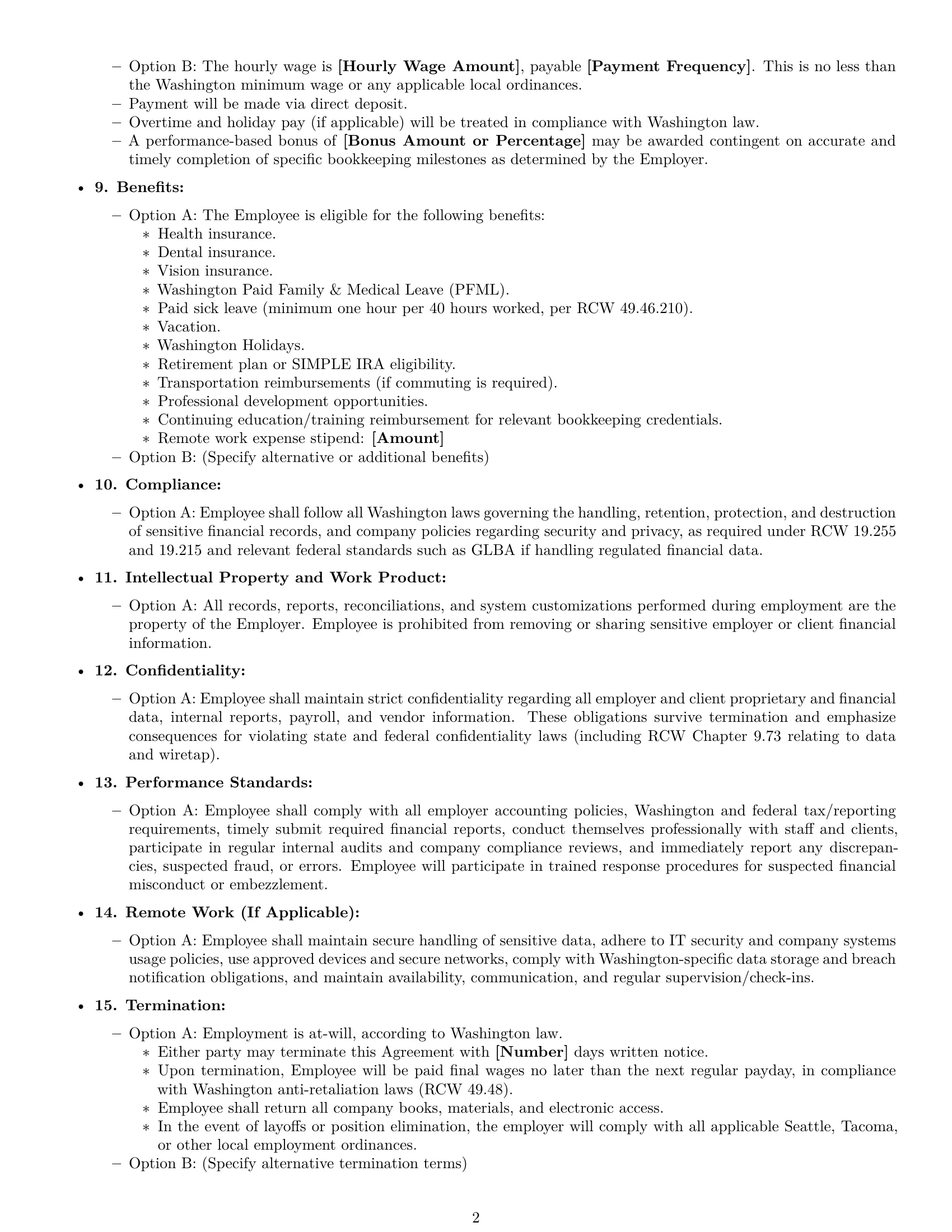 Preview page 2 of Free Washington bookkeeper employment contract template