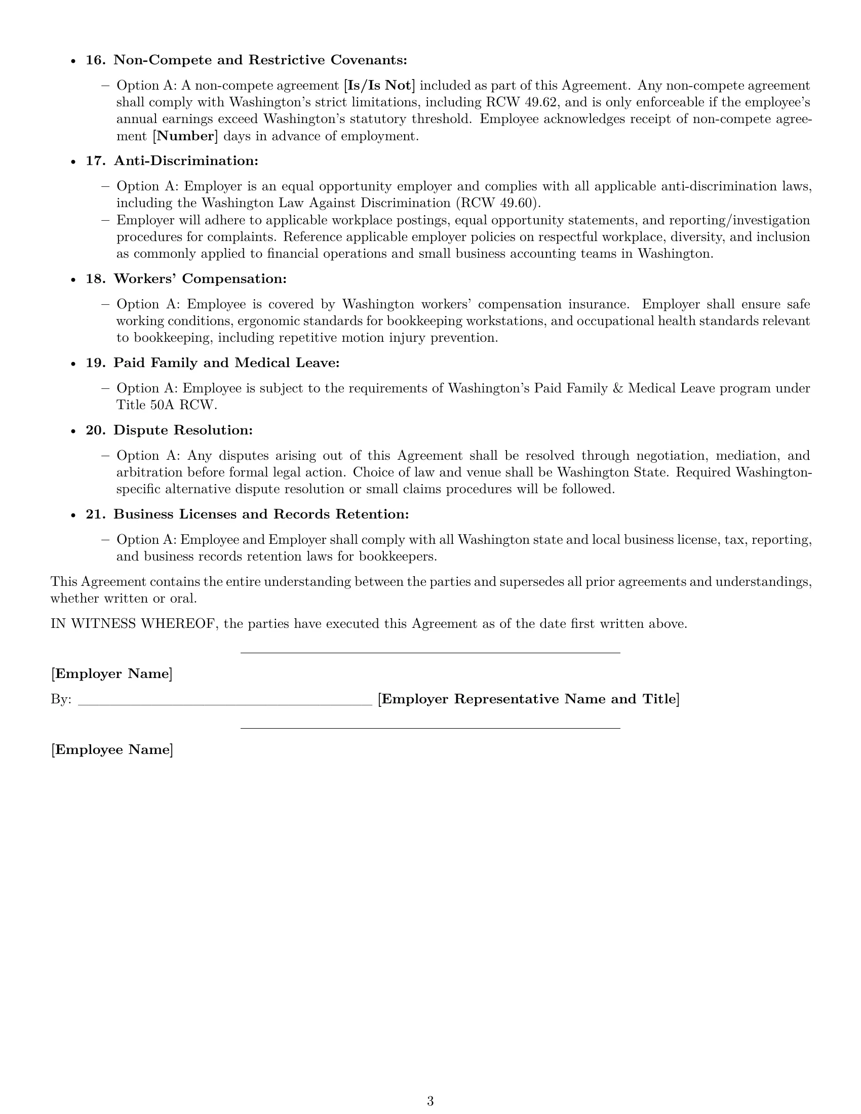 Preview page 3 of Free Washington bookkeeper employment contract template