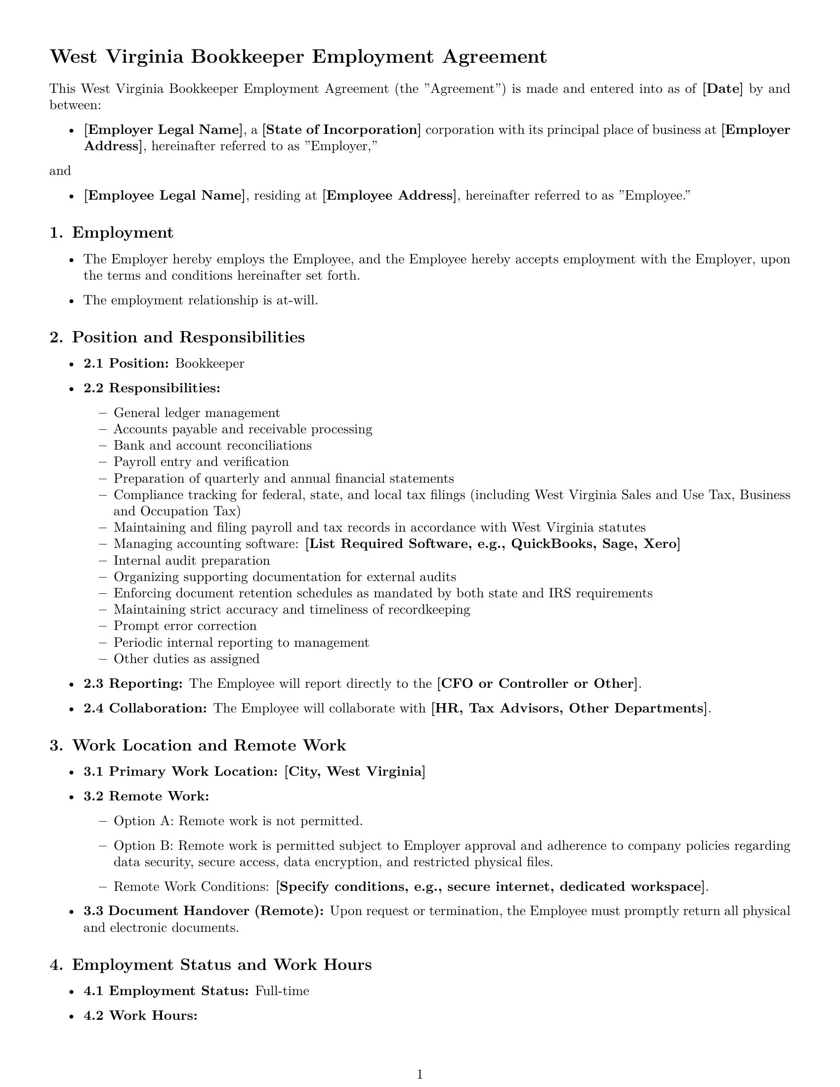 Preview page 1 of Free West Virginia bookkeeper employment contract template
